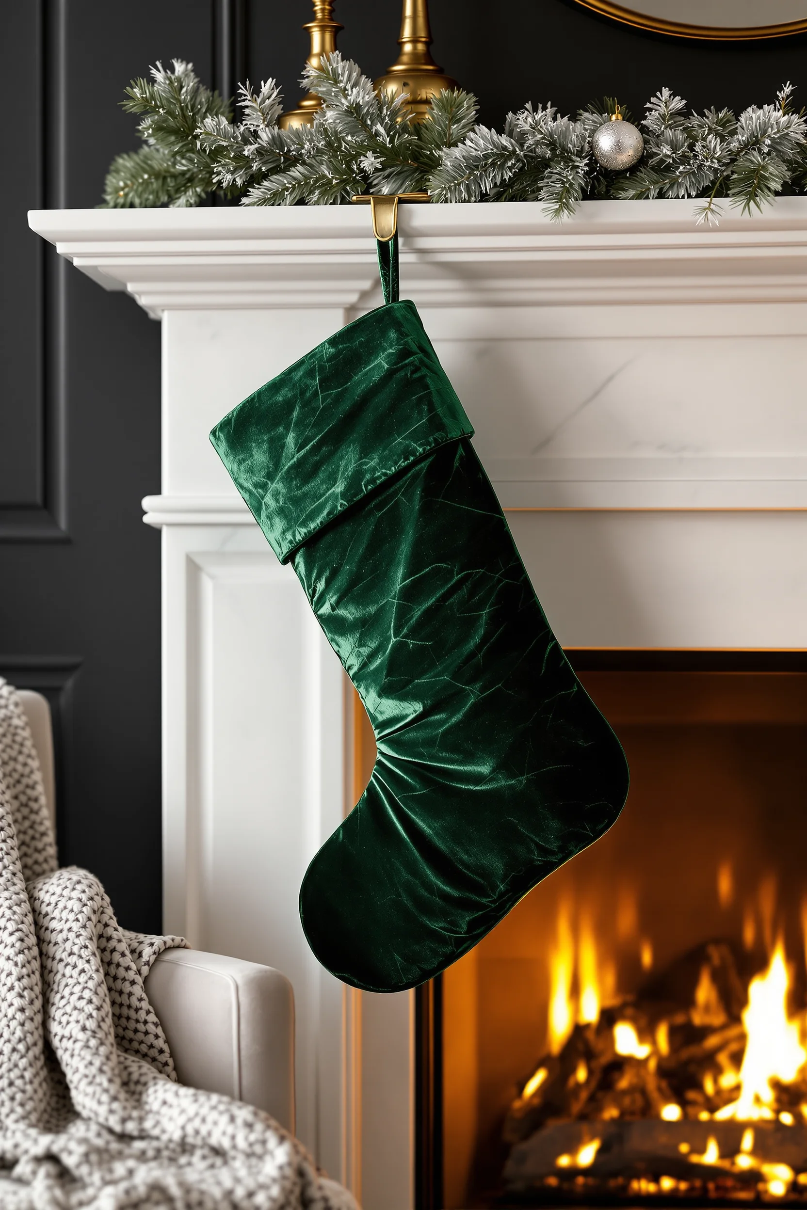 fireplace garland christmas aesthetics displaying dramatic velvet stocking with frosted pine garland and cozy knit throw nearby