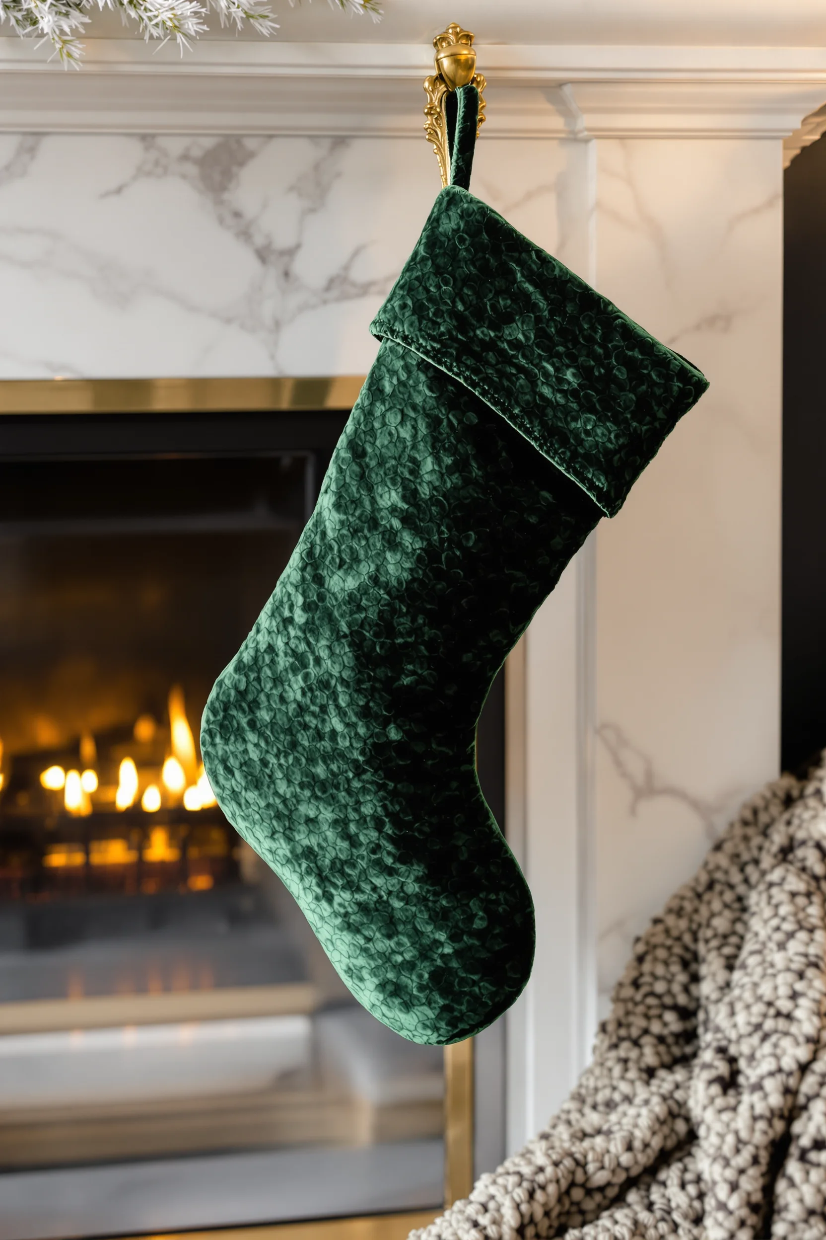 fireplace garland christmas ideas featuring emerald velvet stocking on ivory marble mantel with frosted pine and brass holder
