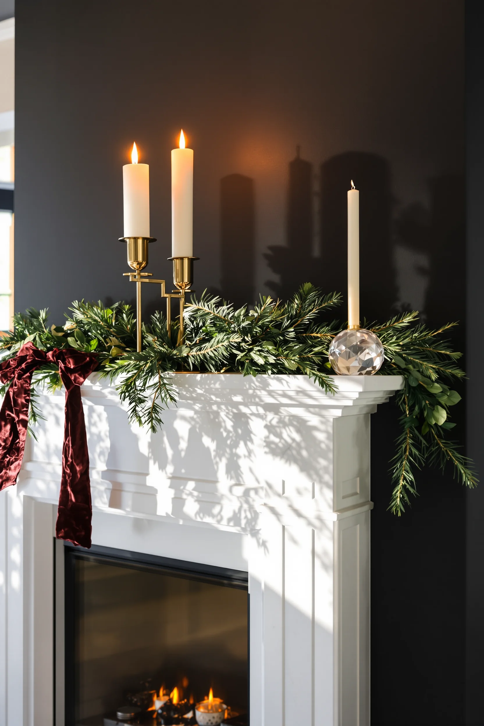 fireplace mantle christmas decor ideas featuring oversized brass candle holder with evergreen garland on white mantel against charcoal wall
