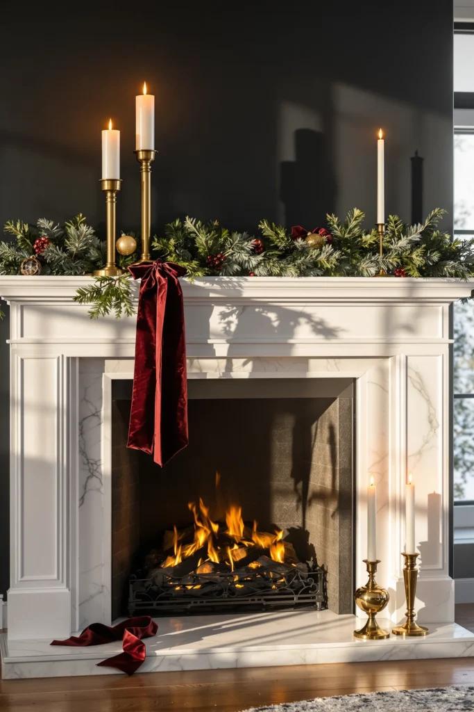 fireplace mantle christmas decor inspiration with tall taper candle and crystal ornament catching golden hour window light beautifully