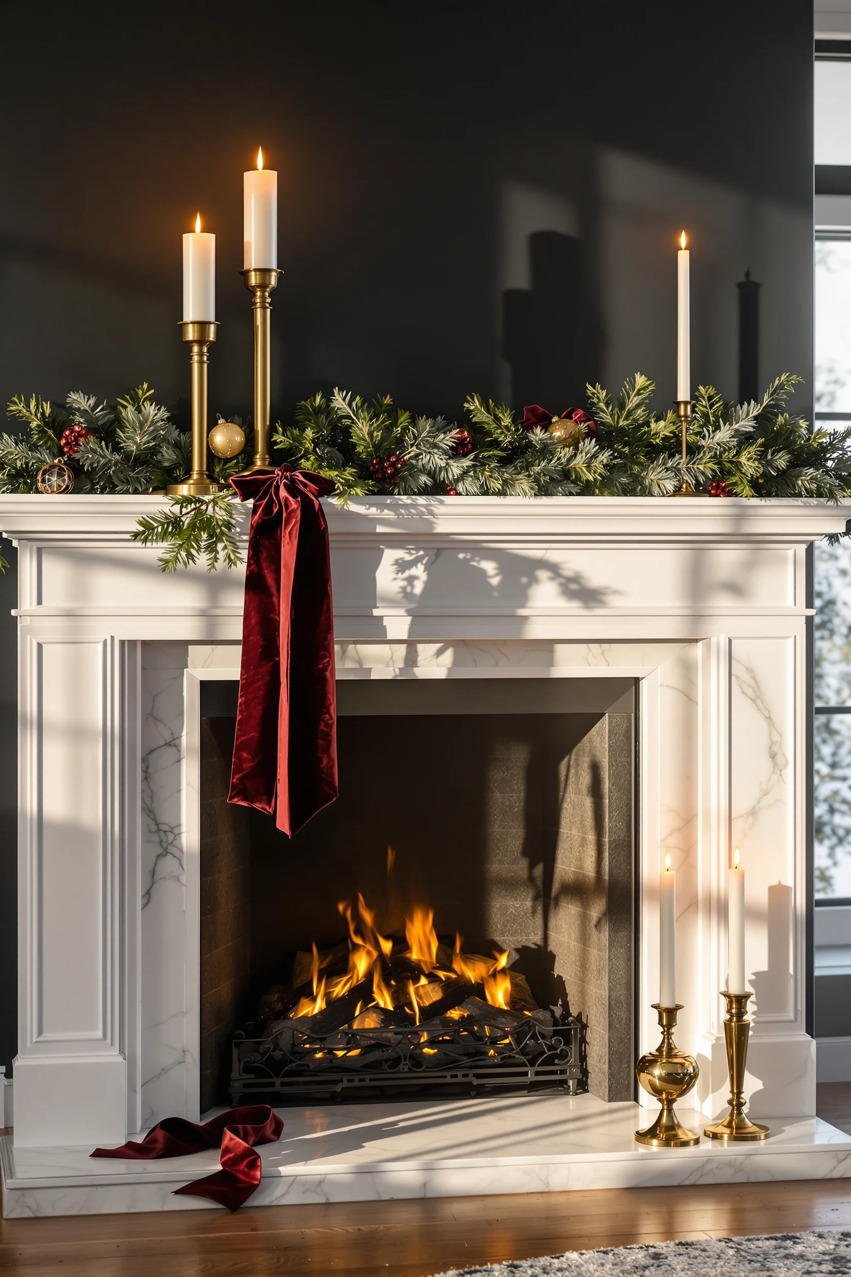 Festive mantel decorated with candles and garland.
