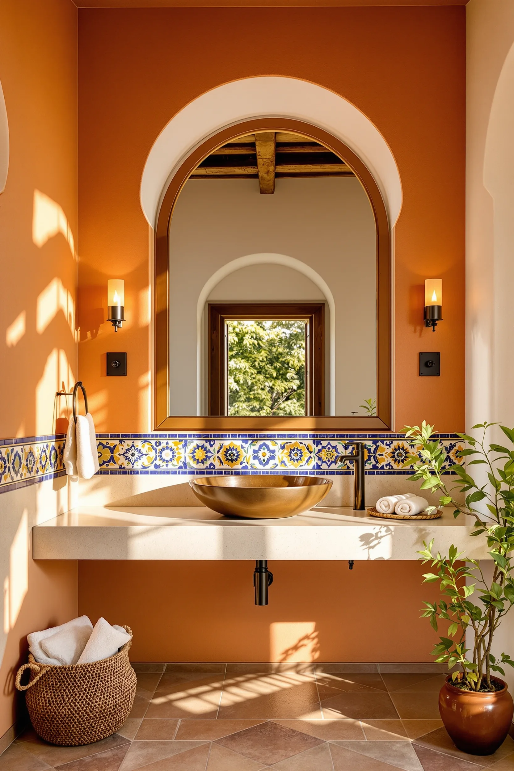 hacienda style bathroom aesthetics with authentic saltillo floor tiles and terracotta framed mirror reflecting wooden beam
