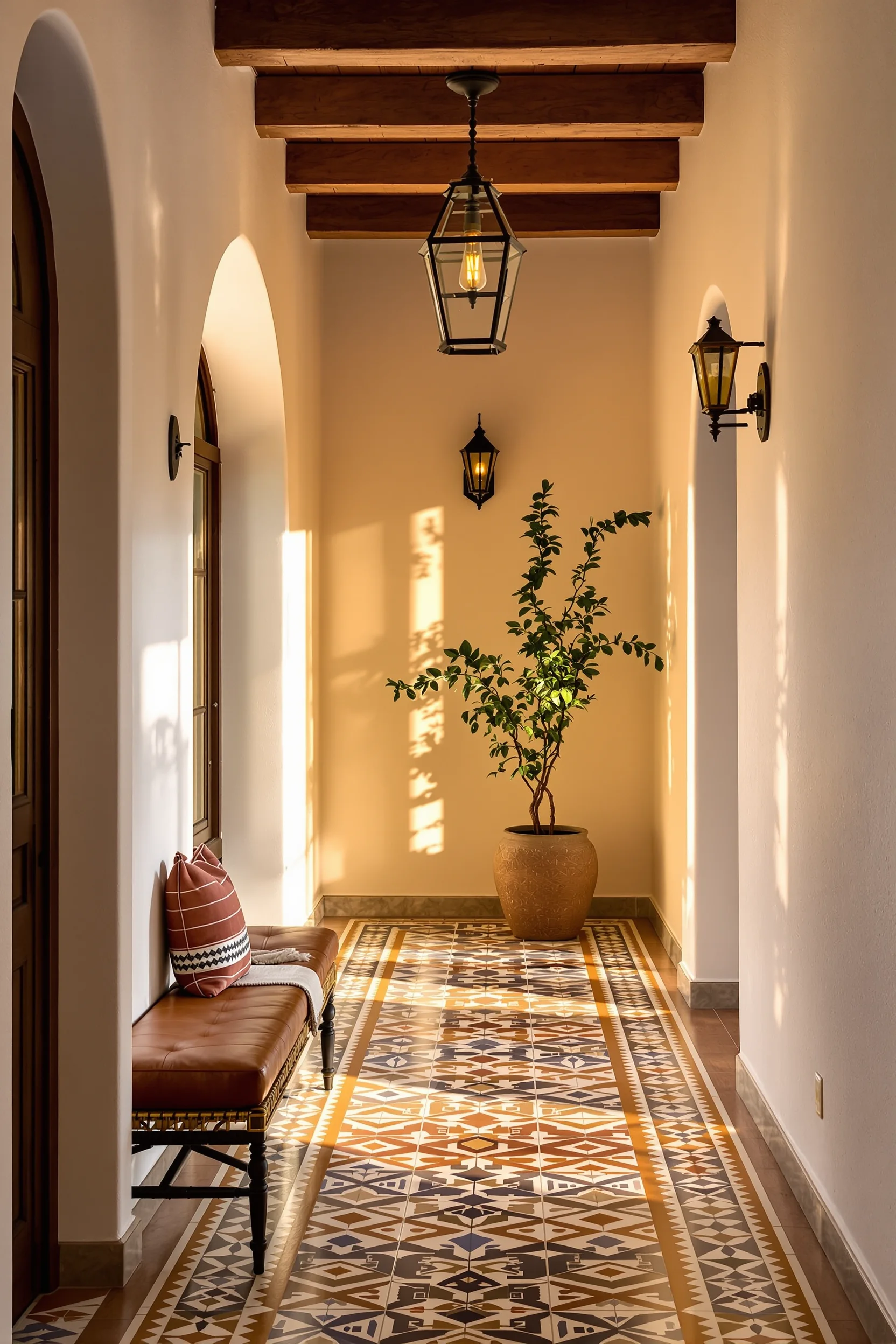 hallway aesthetics with hand painted tile centerpiece lime washed textured walls trailing green vine in clay pot golden sunlight streaming through