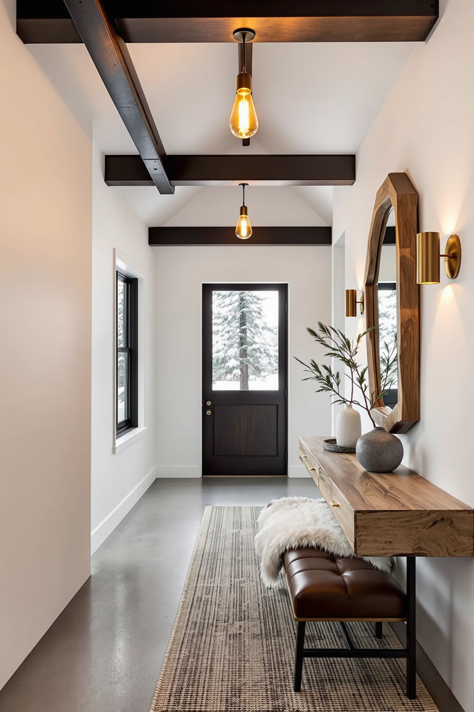 hallway barndominium design inspiration showing edison pendant lighting over concrete floors with sheepskin throw accents