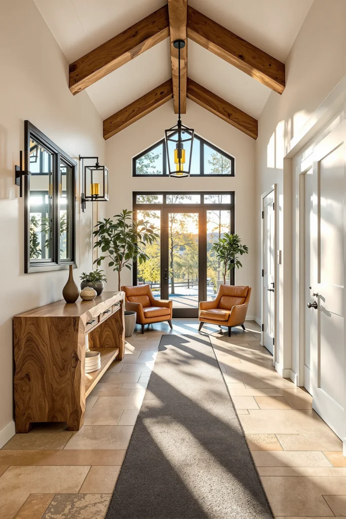 hallway barndominium designs with vaulted white ceiling charcoal runner iron lantern pendant and earth tone layered decor