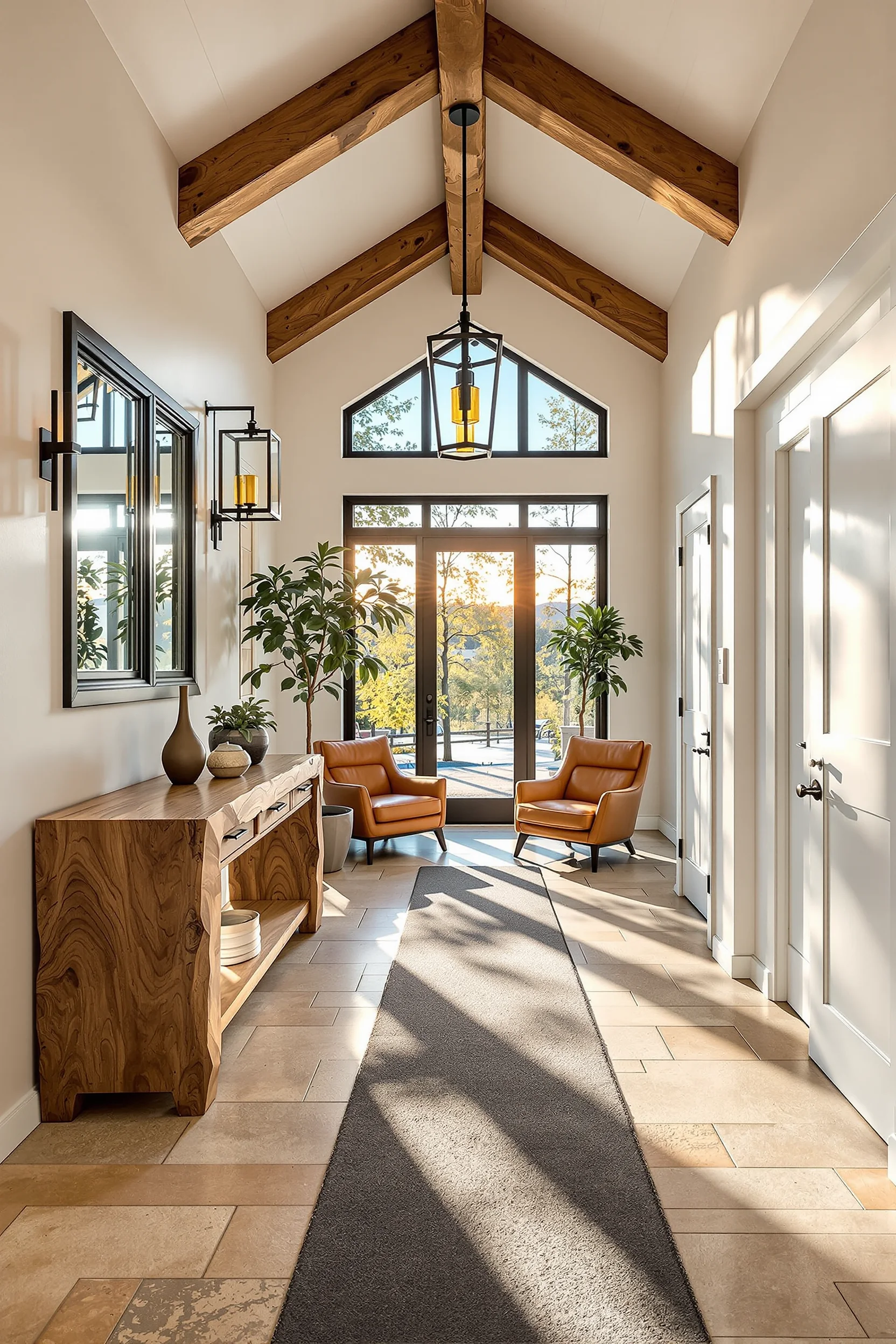 hallway barndominium designs with vaulted white ceiling charcoal runner iron lantern pendant and earth tone layered decor