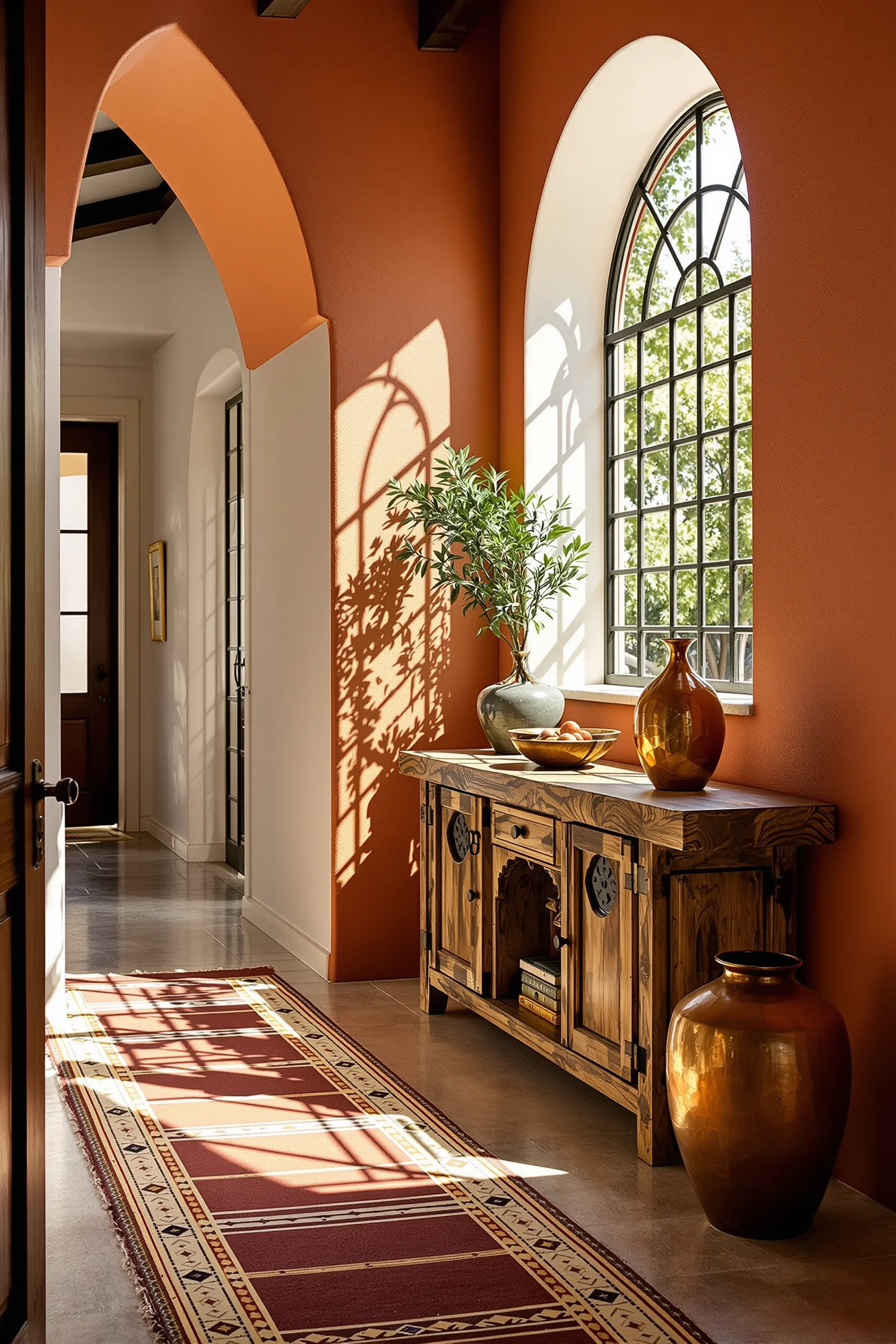 hallway colours aesthetics presenting textured wall treatment aged wood furniture with visible grain and natural stone tiles in warm lighting