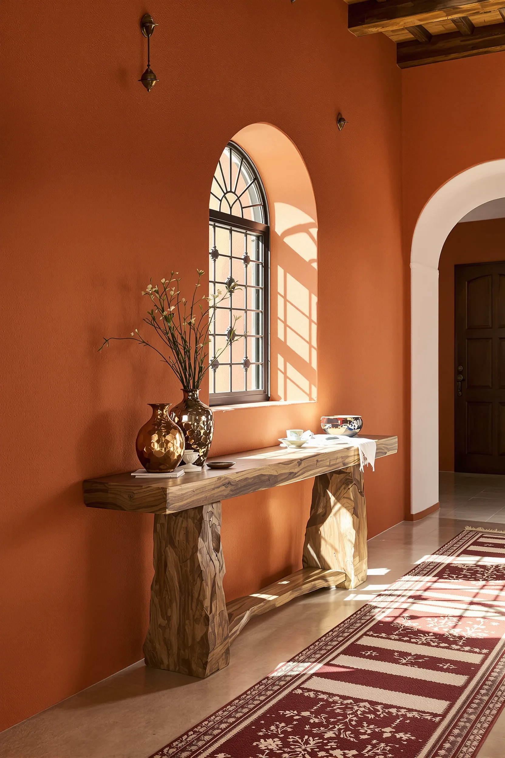 hallway colours designs showcasing mexican hacienda style with mesquite wood table copper vessel and dramatic afternoon sunlight through iron window