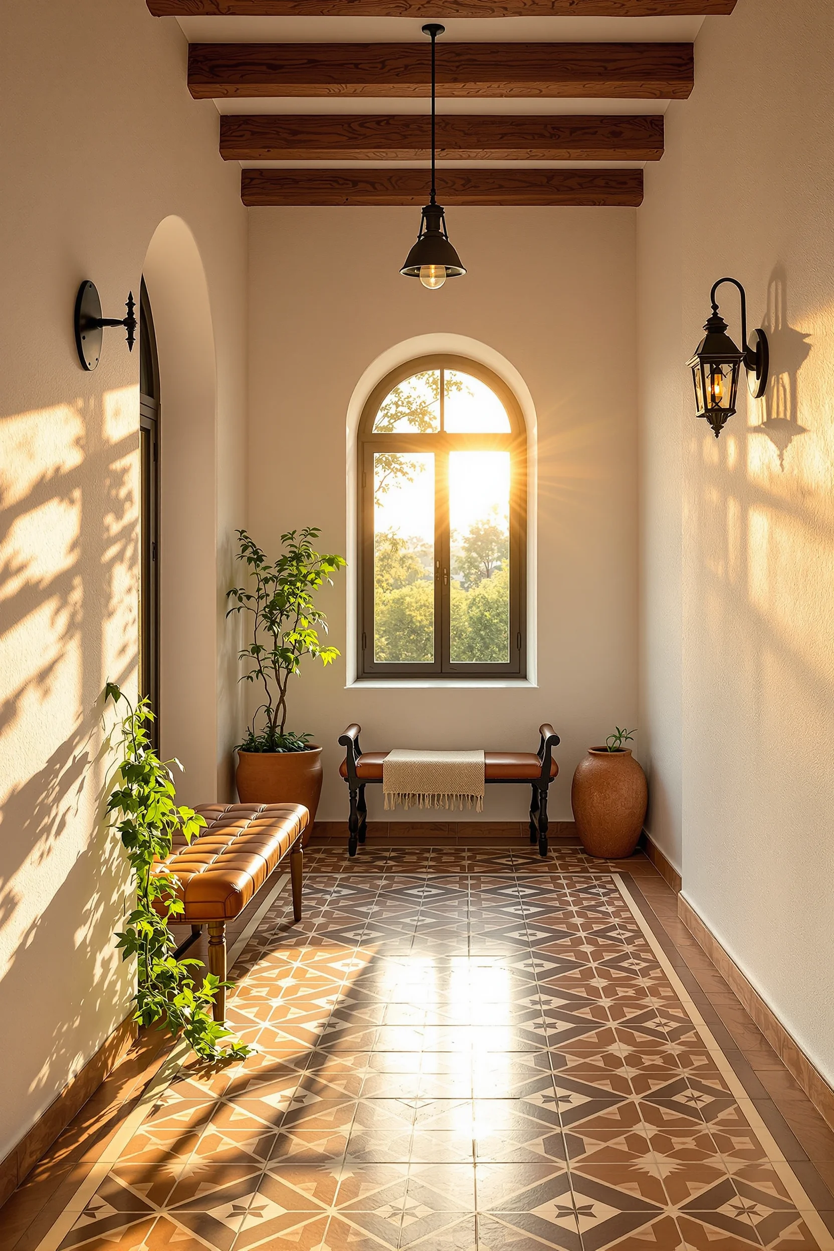 hallway designs showcasing charcoal iron light fixture above terracotta tile with aged leather bench and arched window creating dramatic shadows