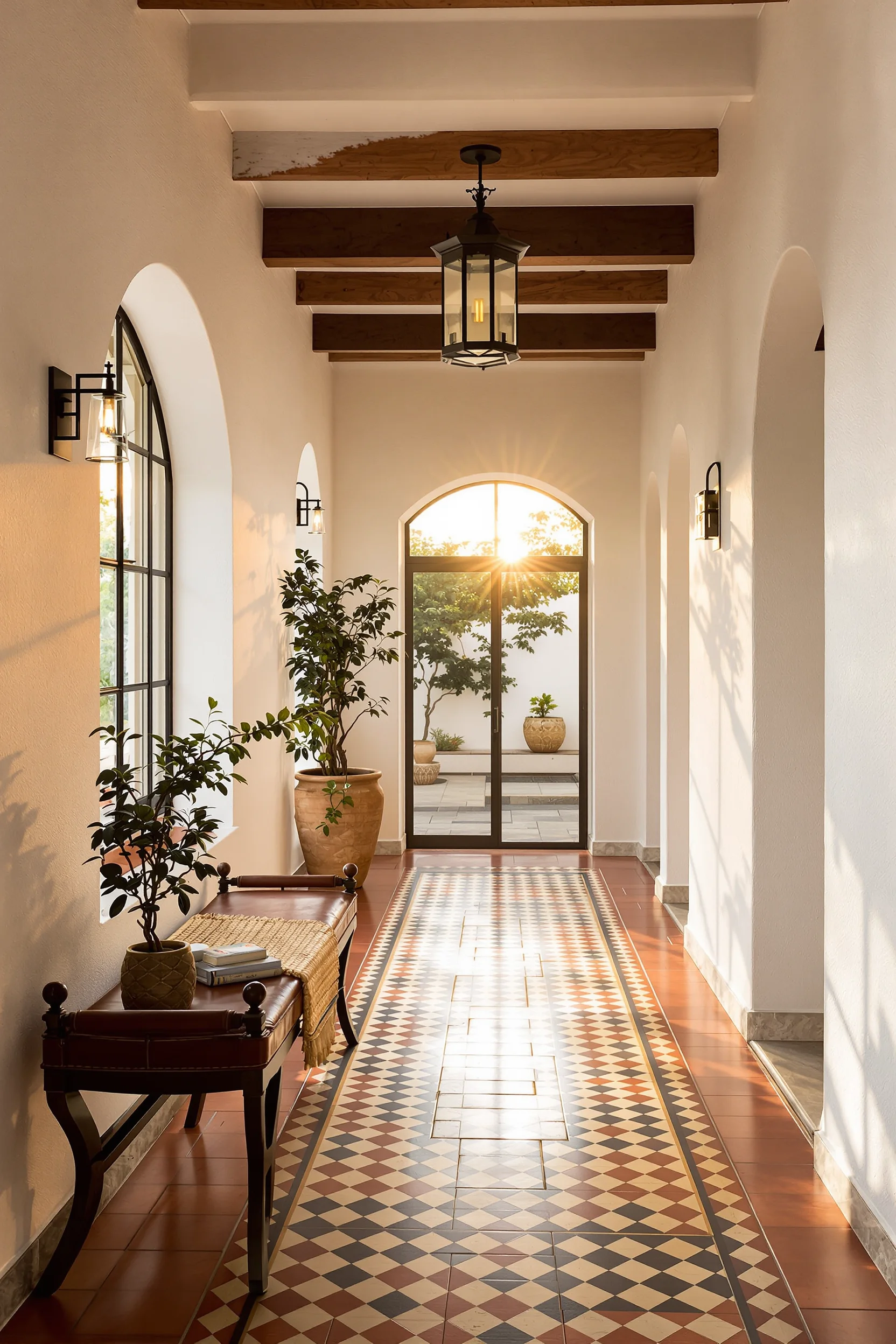 hallway inspiration displaying mexican hacienda entryway with geometric terracotta flooring rough hewn ceiling beams and bronze wall sconce lighting