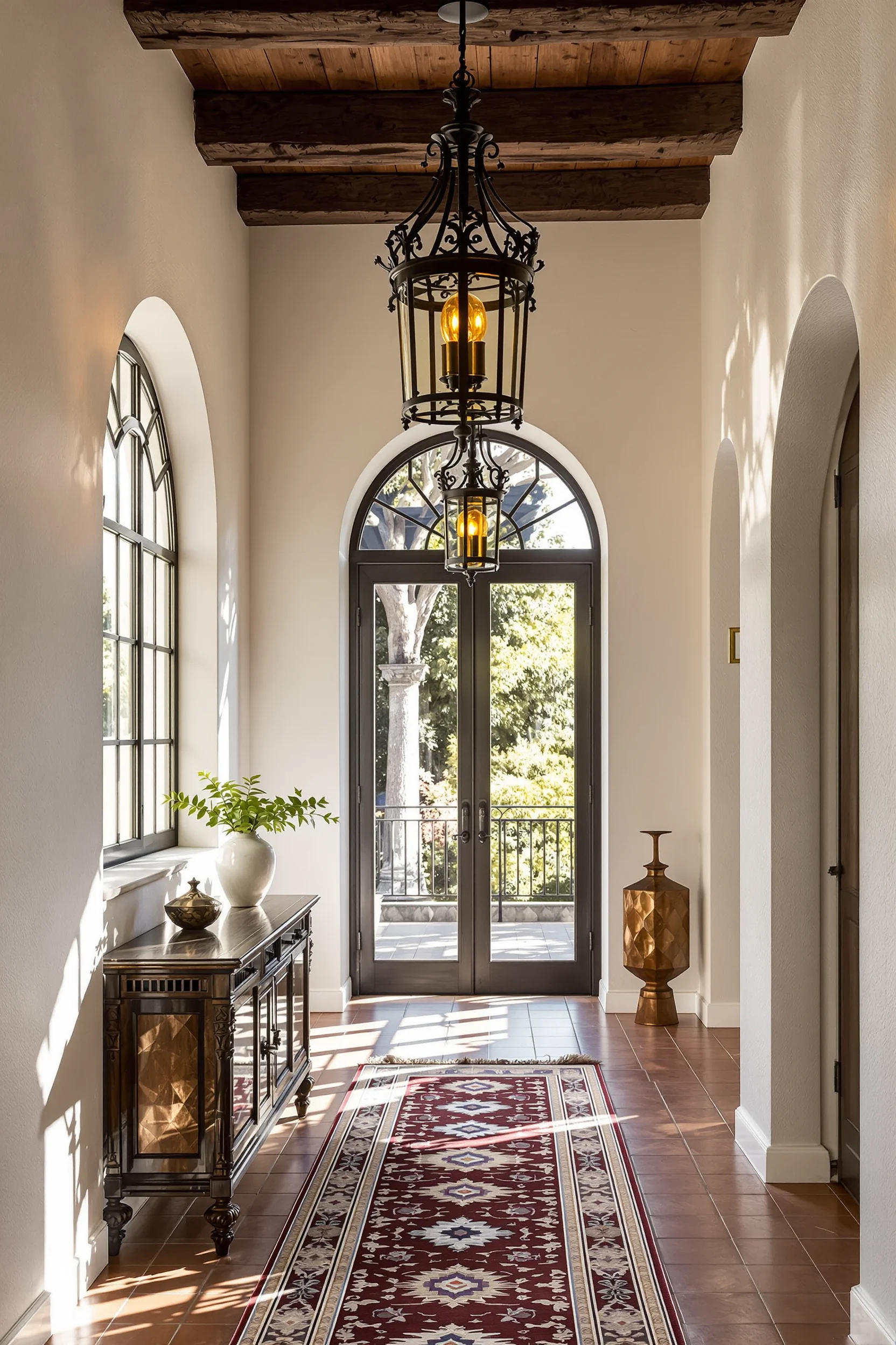 hallway inspiration ideas featuring ornate wrought iron chandelier with amber glass over terracotta tile floor and wooden console table