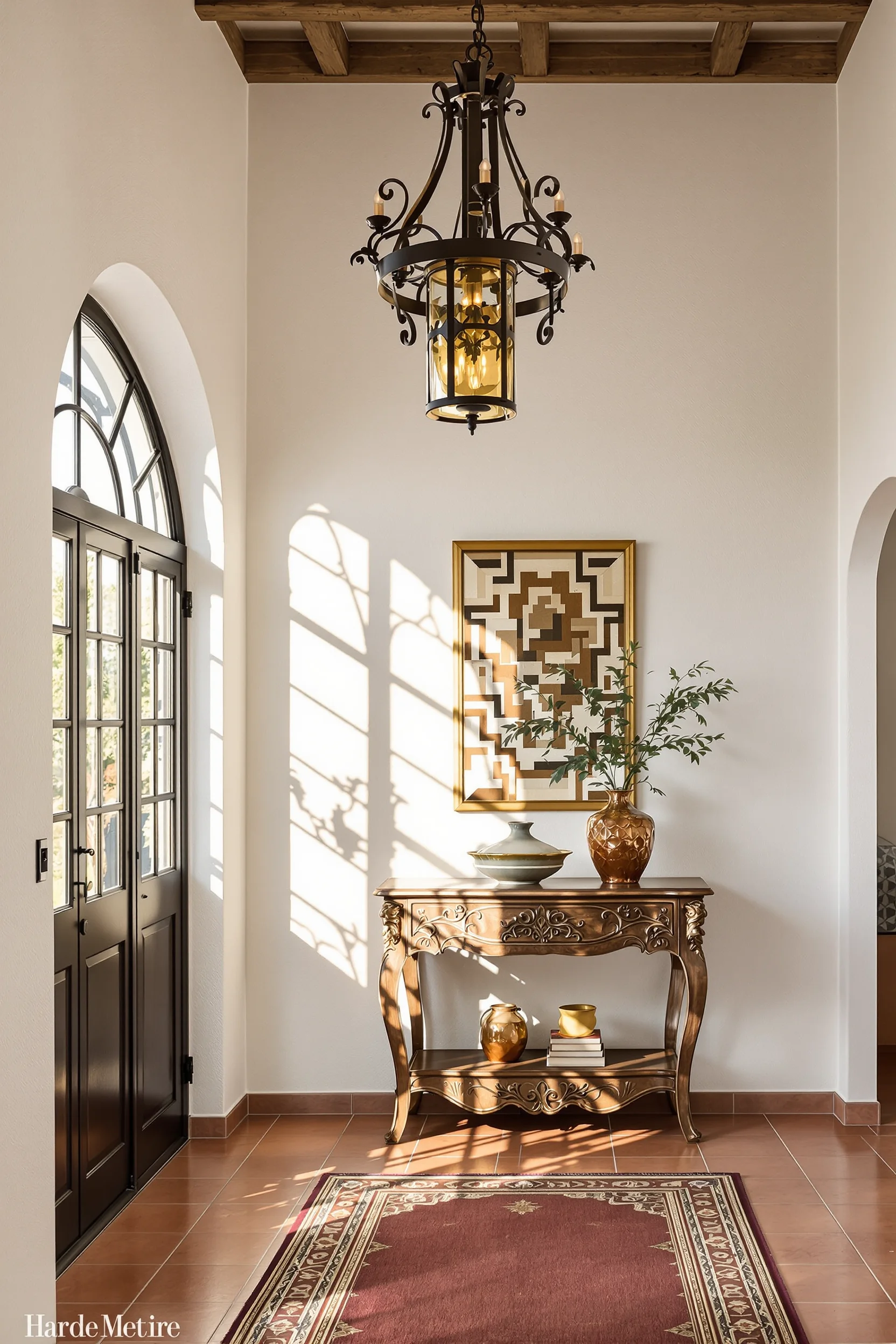 hallway inspiration with mexican hacienda style featuring textured beam ceiling burgundy runner on terracotta tiles and dramatic iron metalwork chandelier