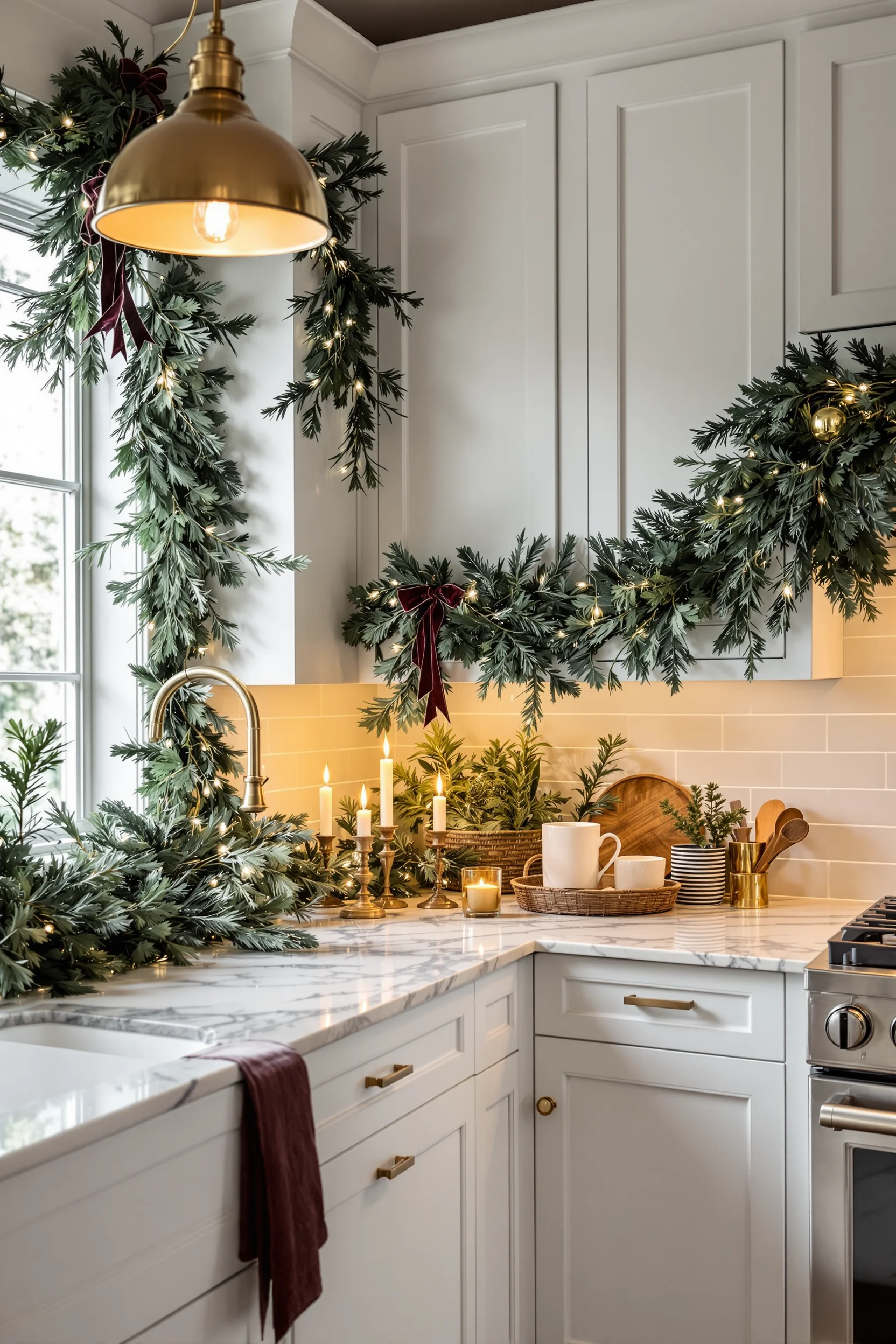holiday kitchen aesthetics displaying fresh evergreen swag on white cabinets warm pendant glow burgundy accents for christmas ambiance