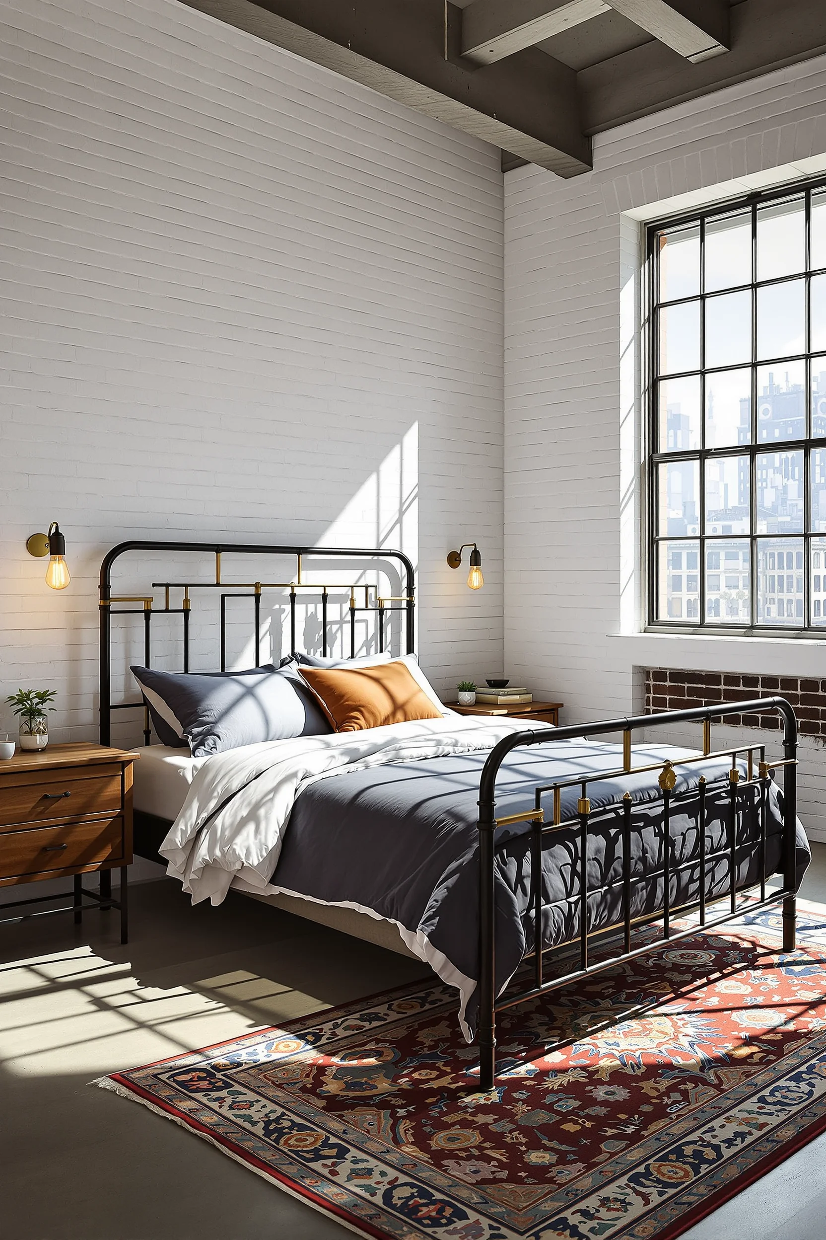 industrial loft bedroom aesthetics displaying metal frame bed white brick wall navy persian rug morning coffee and dramatic afternoon sunlight