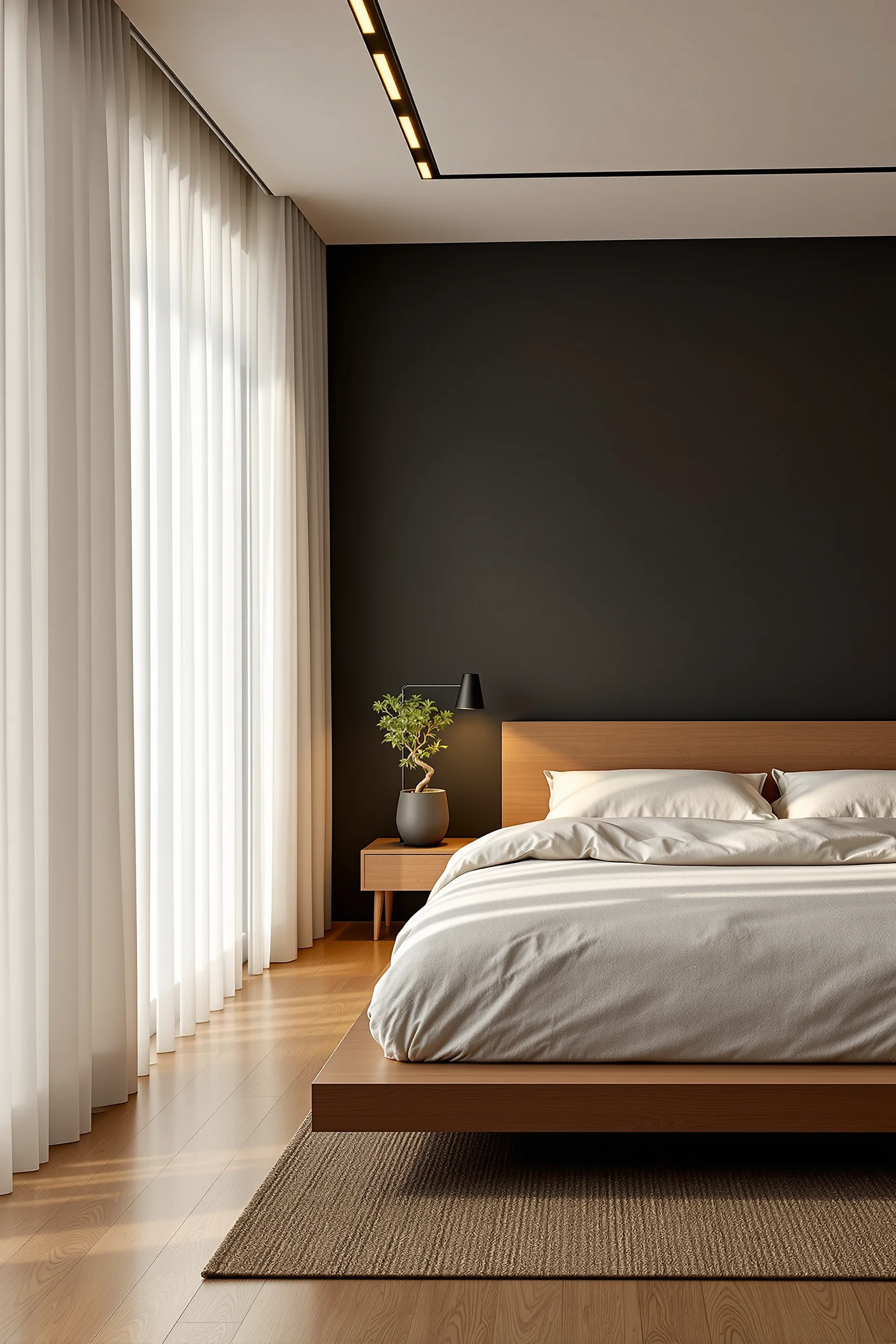 japanese apartment aesthetic designs showing minimalist bedroom with natural oak flooring and ambient side lighting