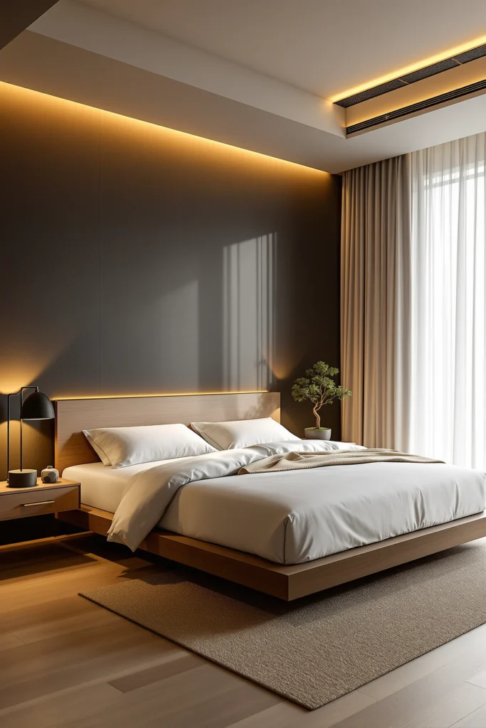 japanese apartment aesthetic displaying serene bedroom with woven jute rug and matte black architectural reading lamp