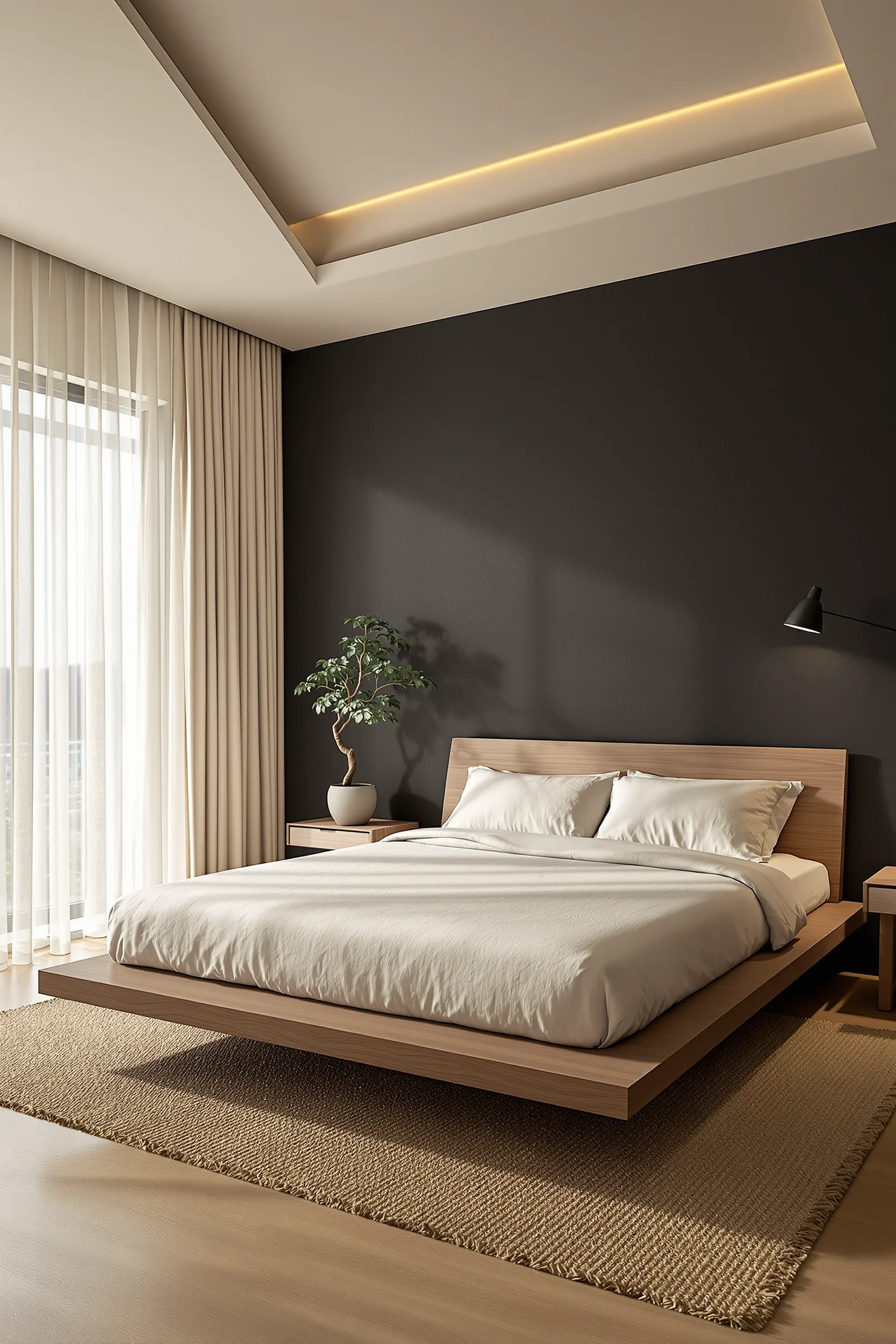 japanese apartment aesthetic ideas featuring low walnut platform bed with cream linen bedding and charcoal accent wall