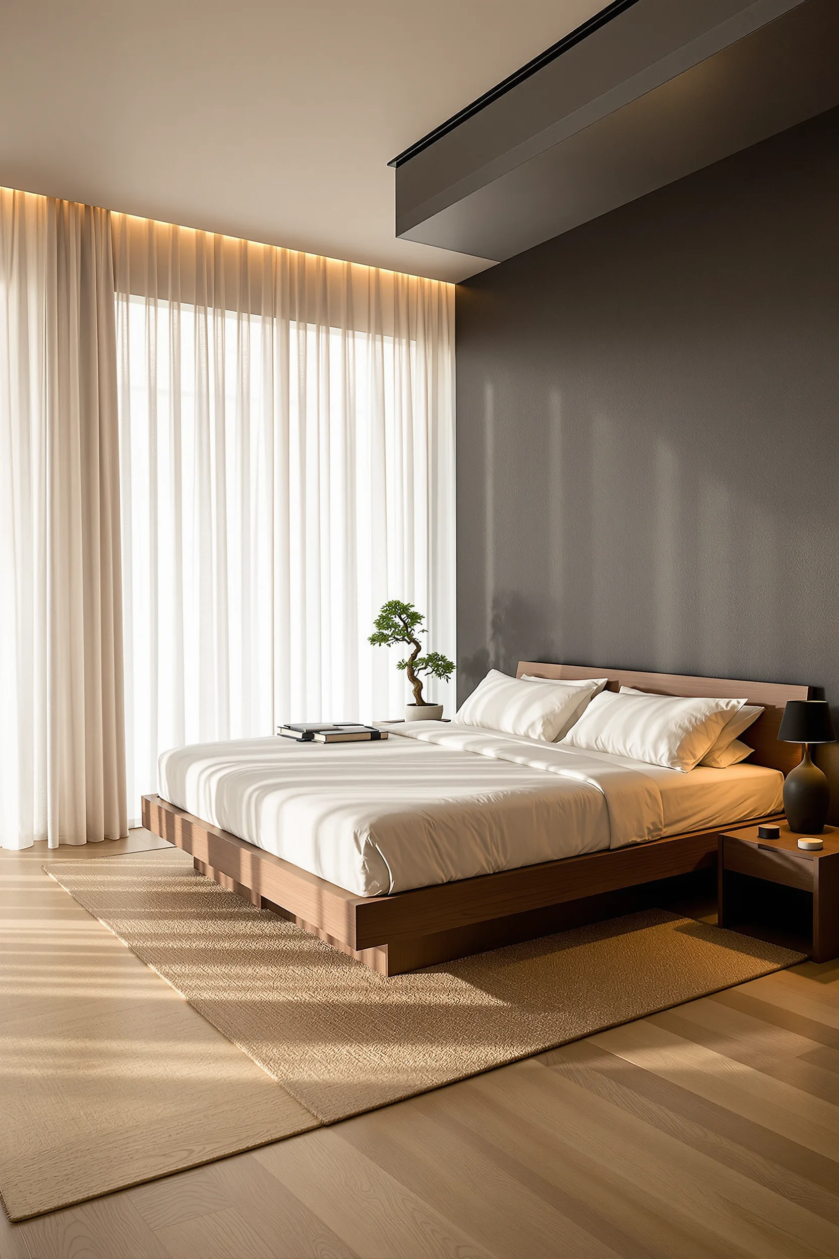 japanese apartment aesthetic inspiration with bonsai tree on nightstand and floor to ceiling sheer curtains
