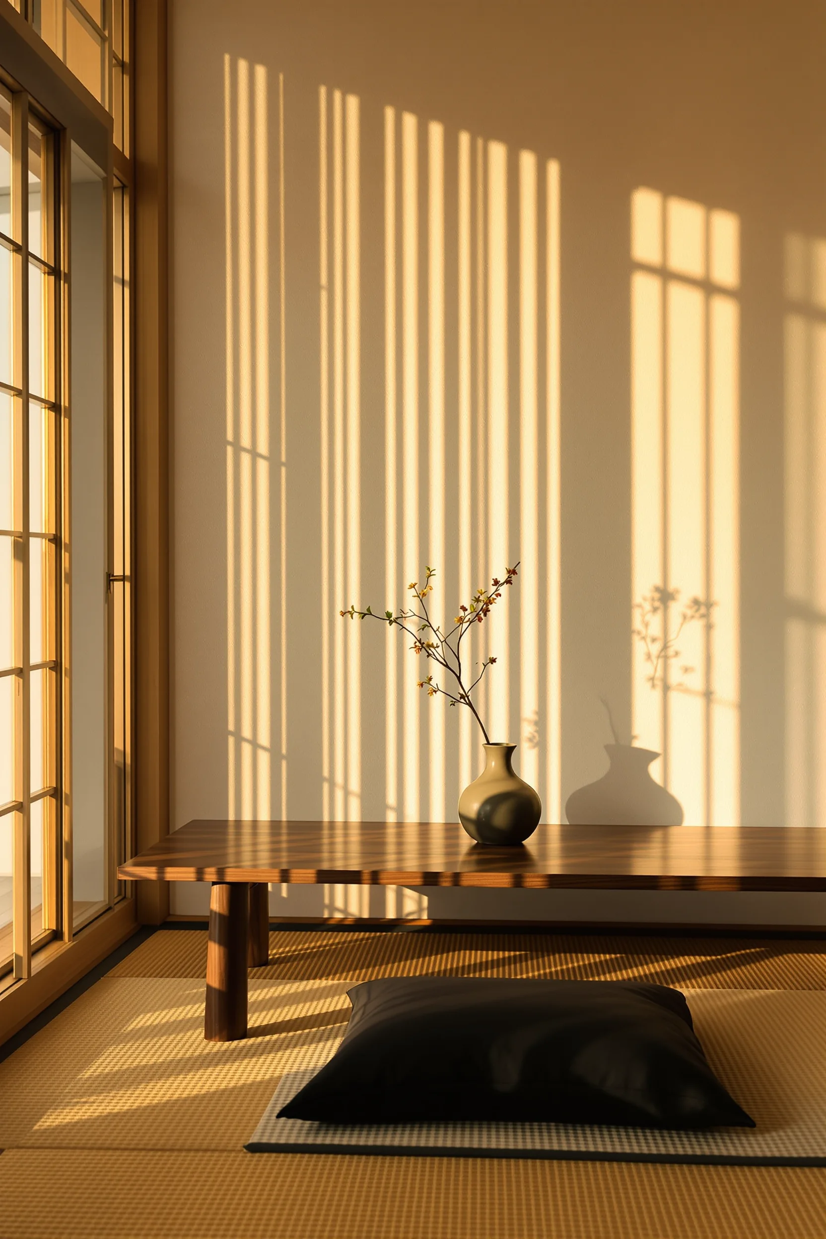 japanese small apartment designs showing minimalist black cushion on honey tone tatami mat flooring with white walls
