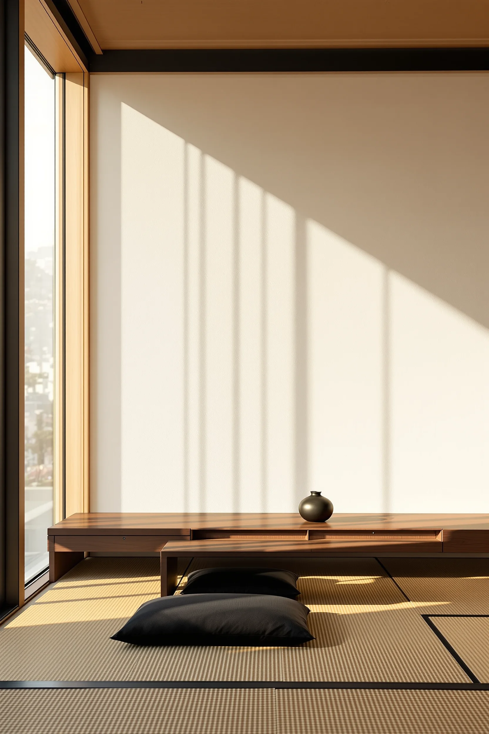 japanese small apartment ideas featuring low profile walnut table with ceramic vase near window with natural sunlight