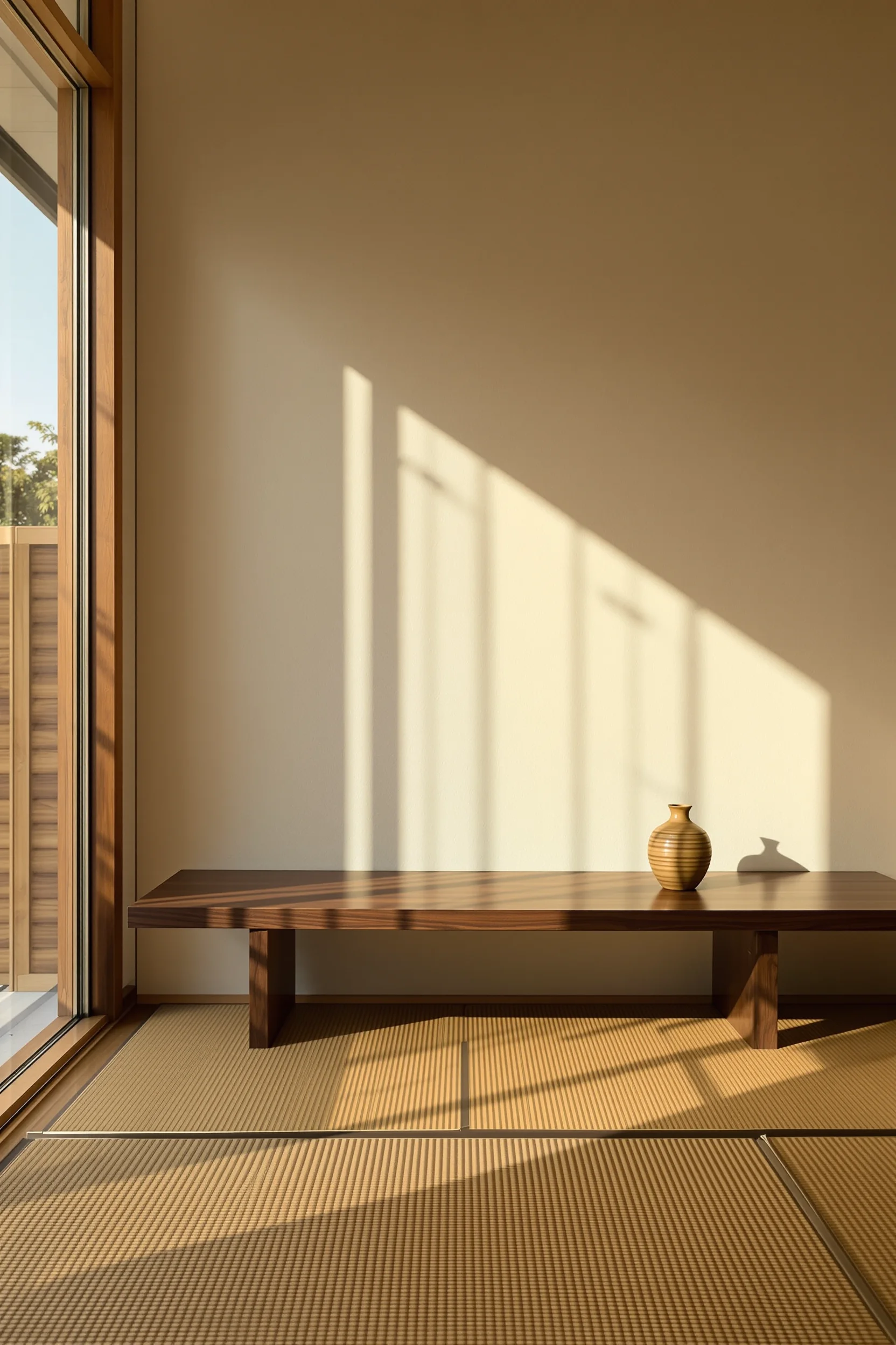 japanese small apartment inspiration displaying warm golden hour light streaming through window creating dramatic shadows on walls