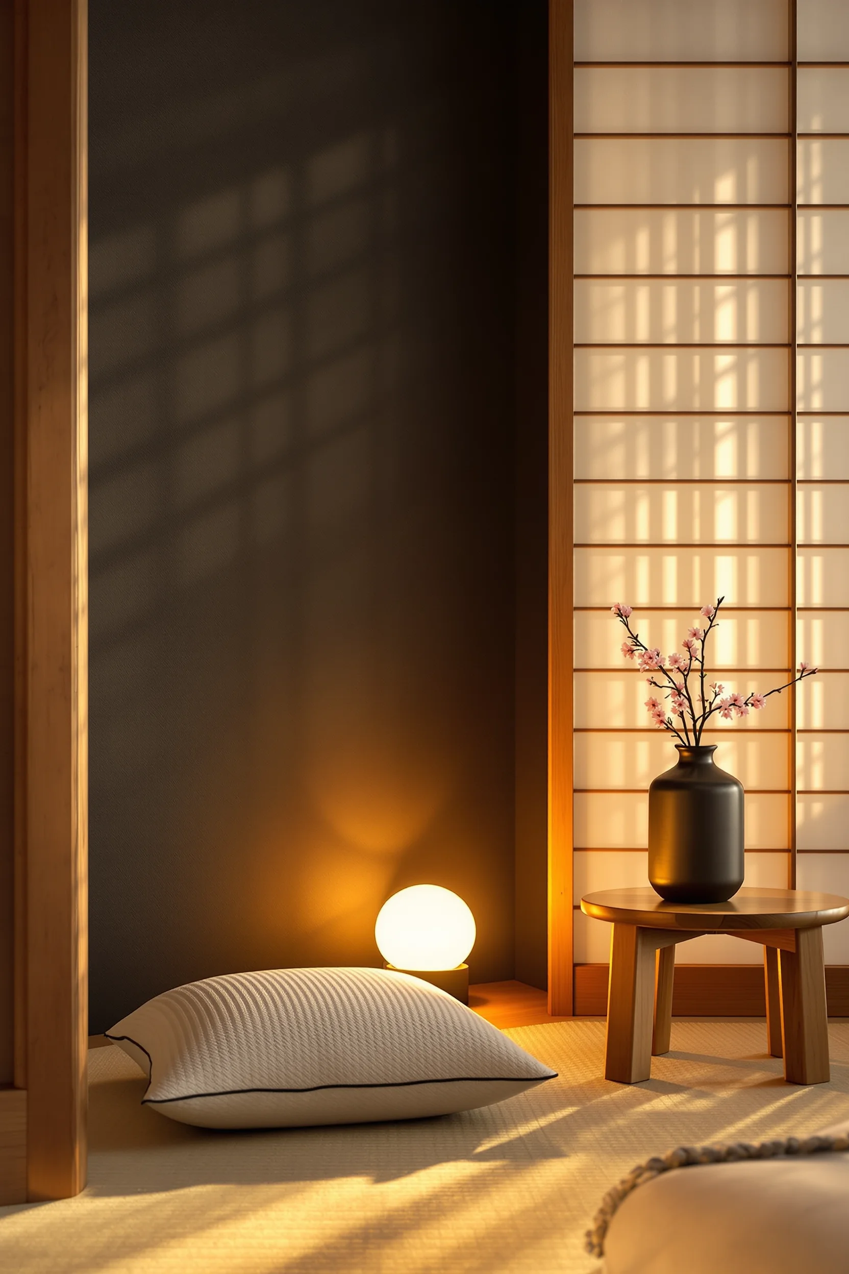 japanese studio apartment ideas featuring glowing paper lamp charcoal walls cream tatami floor natural oak wood frame with minimalist decor