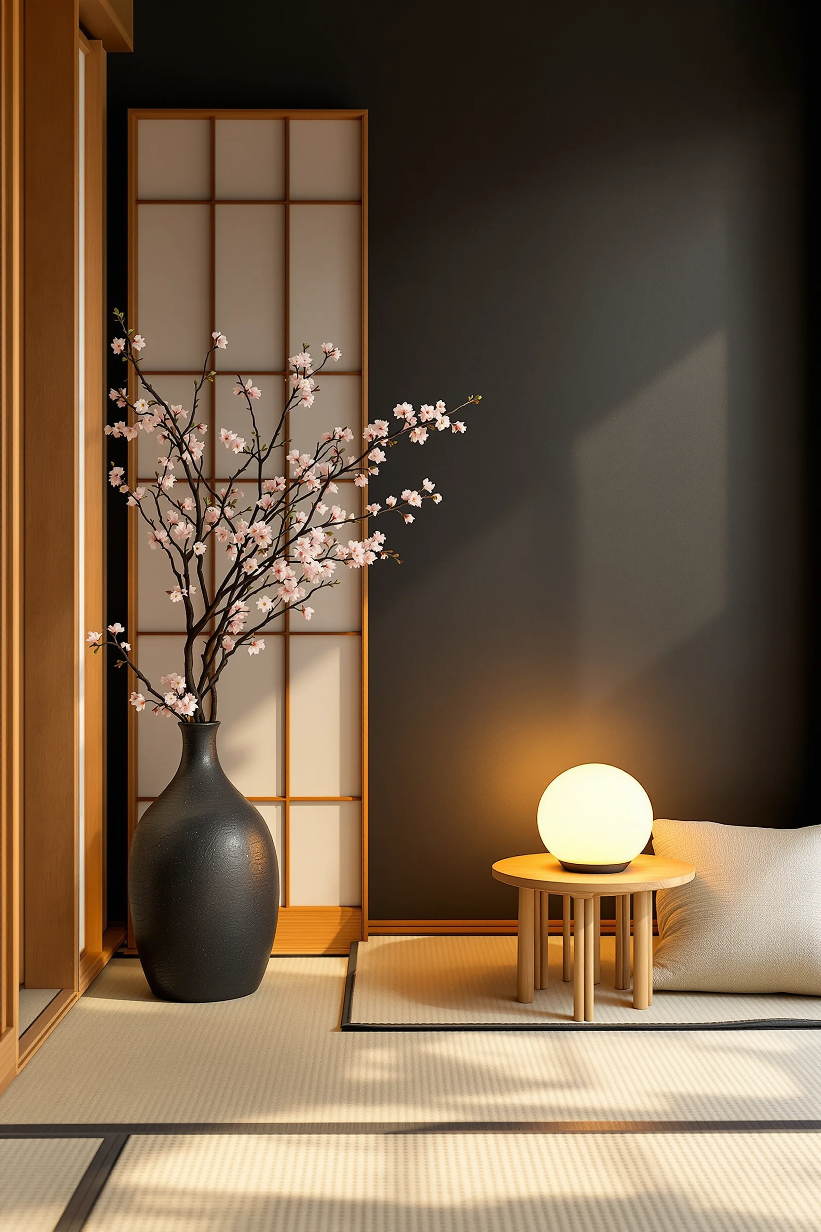 japanese studio apartment inspiration with textured linen cushion warm lighting natural wood elements creating peaceful minimalist sanctuary