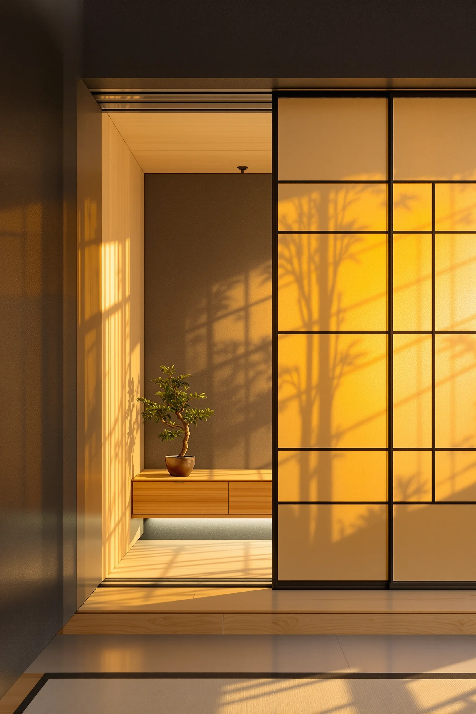 japanese style apartment aesthetics displaying layered spatial zones with bonsai silhouette and natural wood threshold details