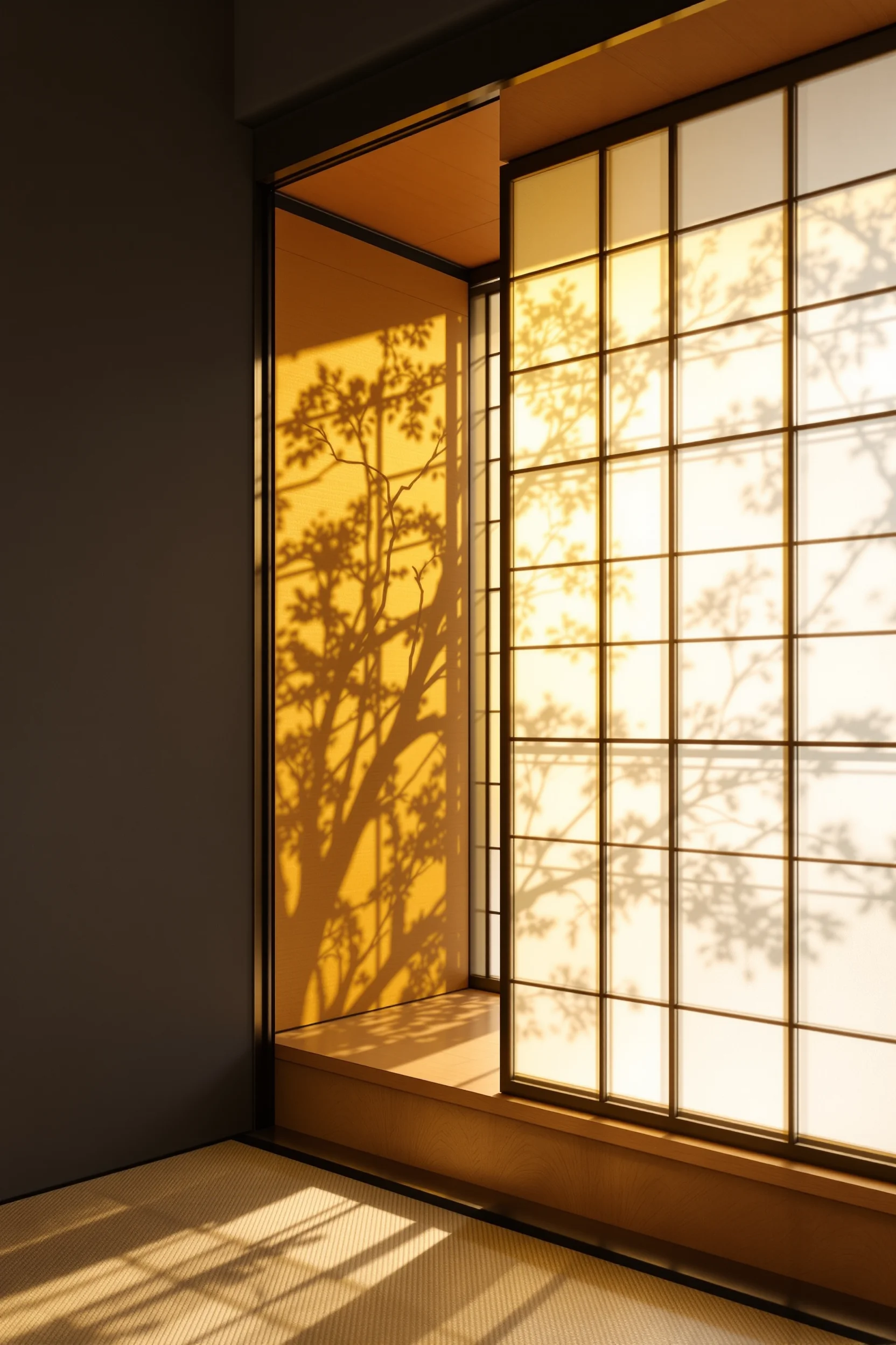 japanese style apartment ideas featuring backlit shoji screen divider with warm amber glow and minimalist tatami platform