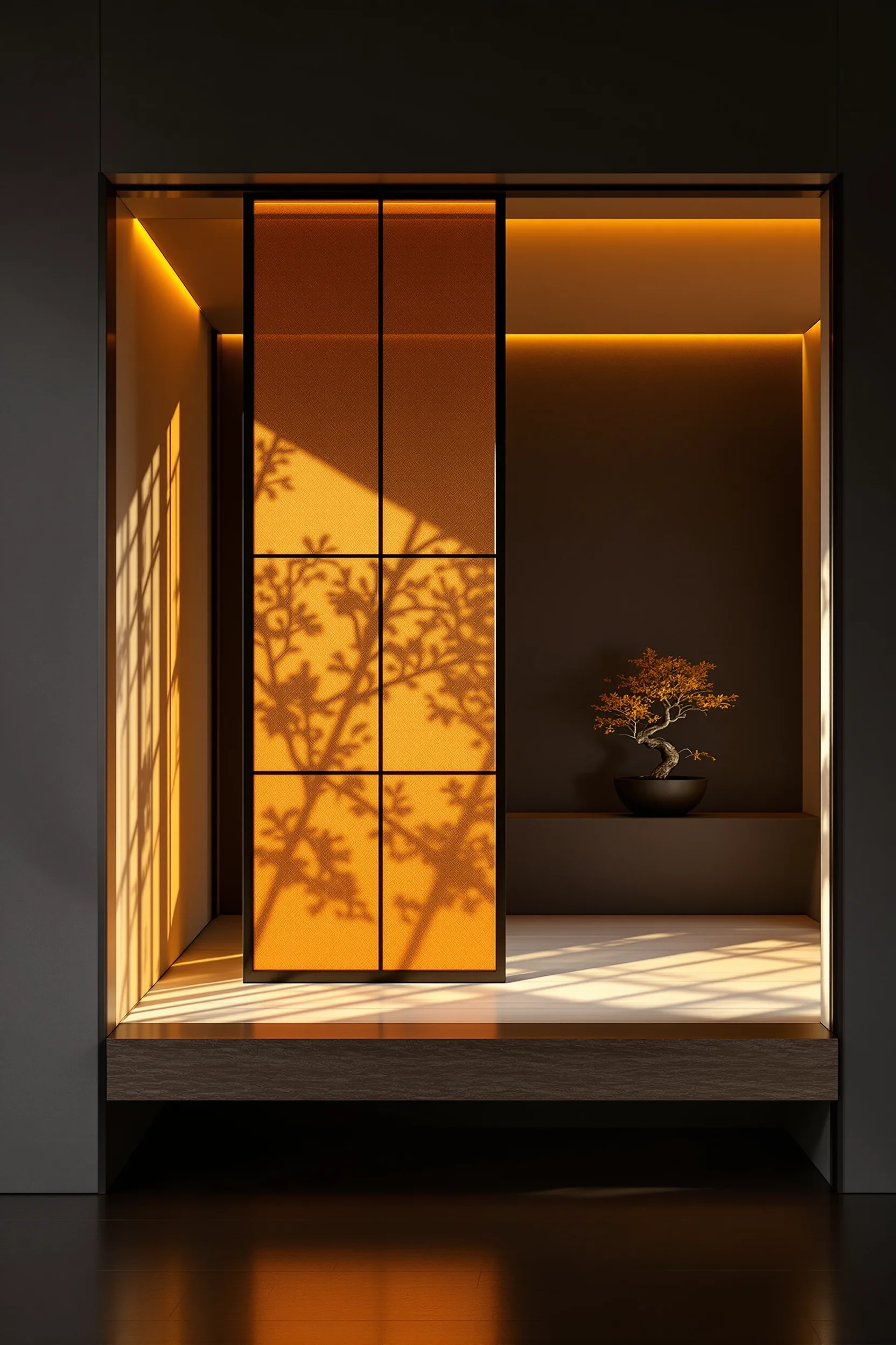 japanese style apartment inspiration with matte black steel framed screen and golden hour sunlight streaming through