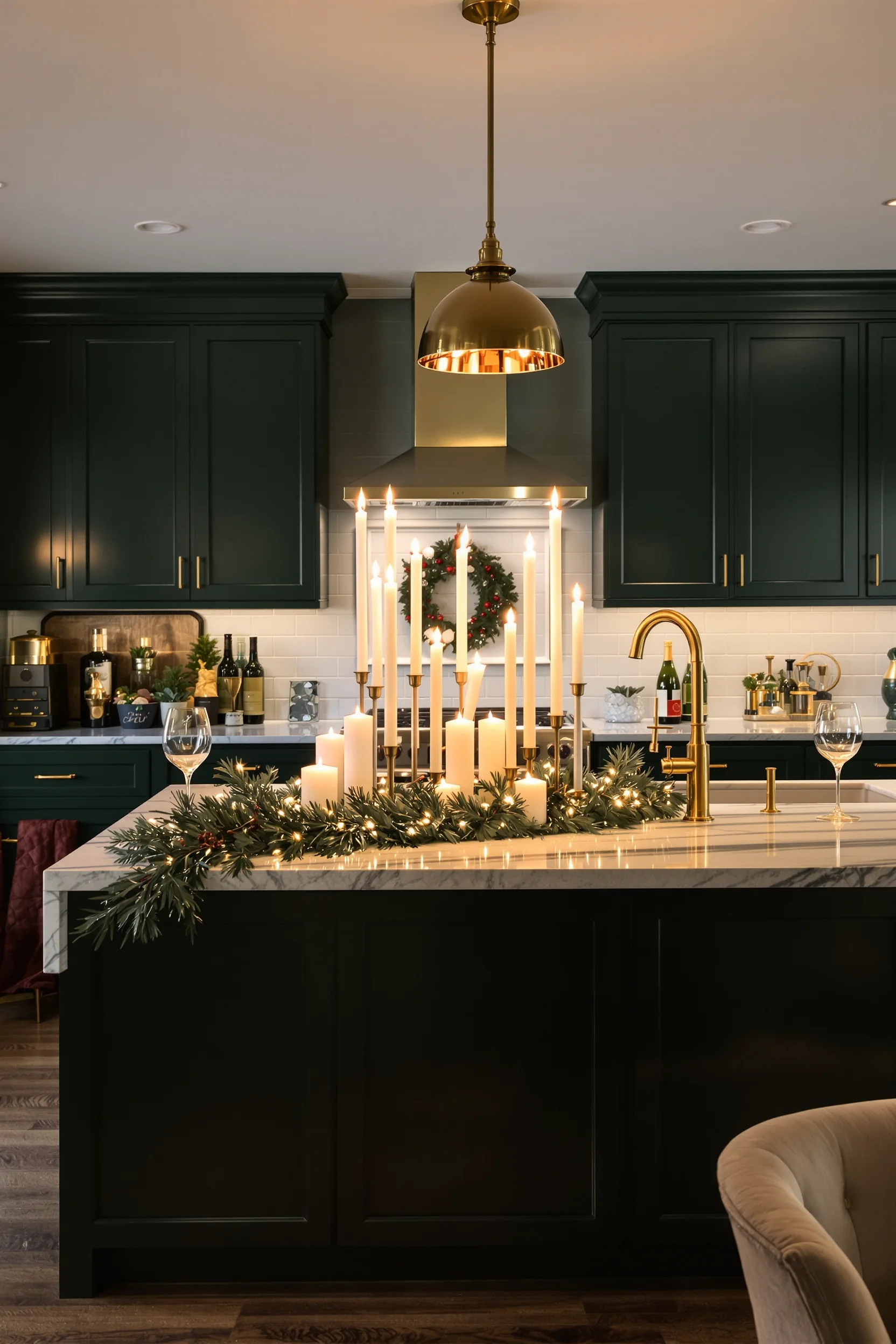 kitchen cabinet christmas decor designs showing forest green cabinets with brass fixtures and holiday centerpiece