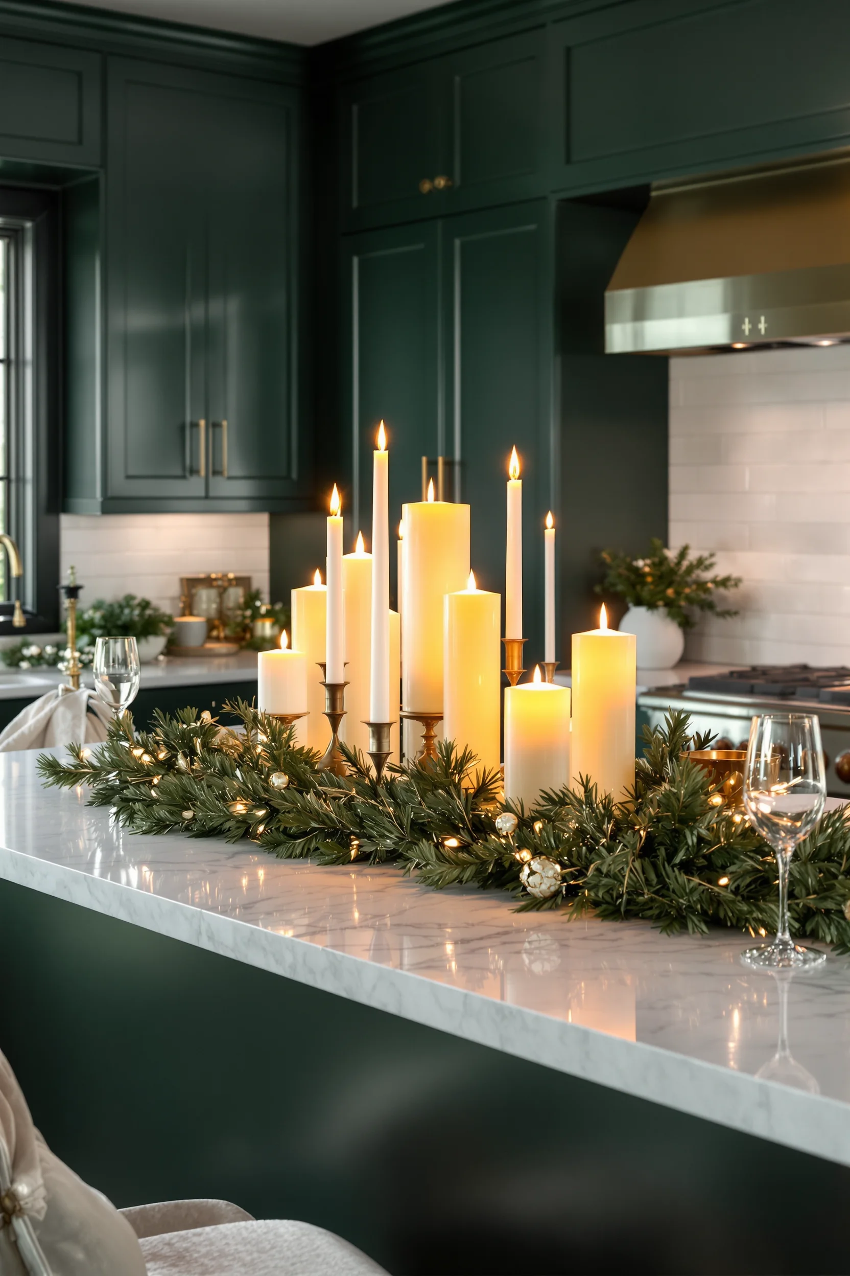kitchen cabinet christmas decor ideas featuring green cabinetry with candlelit marble island and fresh garland accents