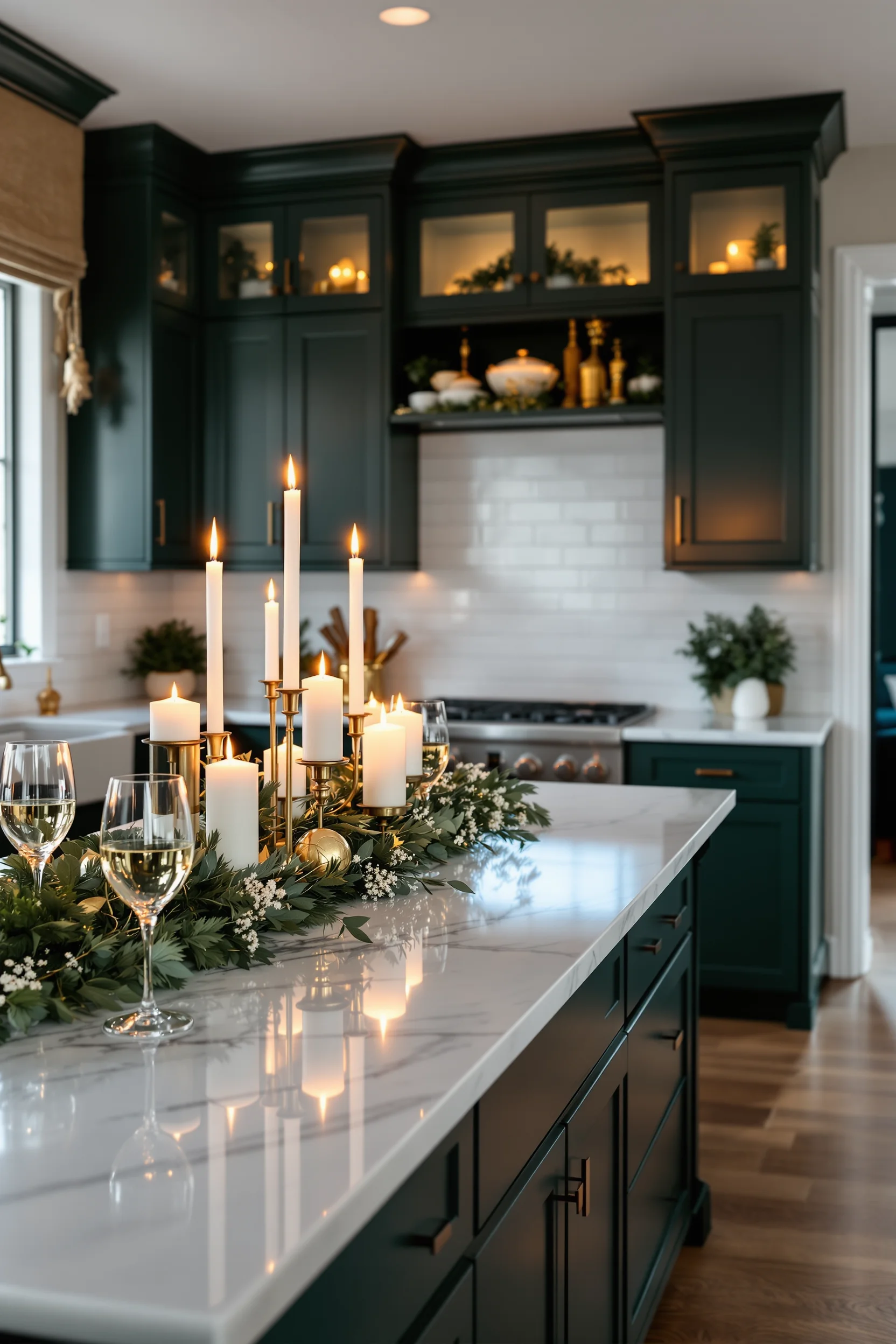 kitchen cabinet christmas decor inspiration with dramatic evening lighting and gold candle holders on marble