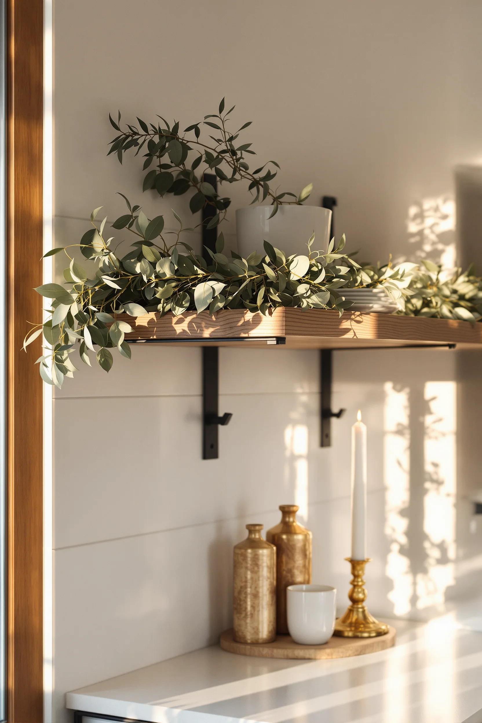 kitchen island christmas decor designs showing natural oak shelf with white ceramic dish against bright modern backsplash