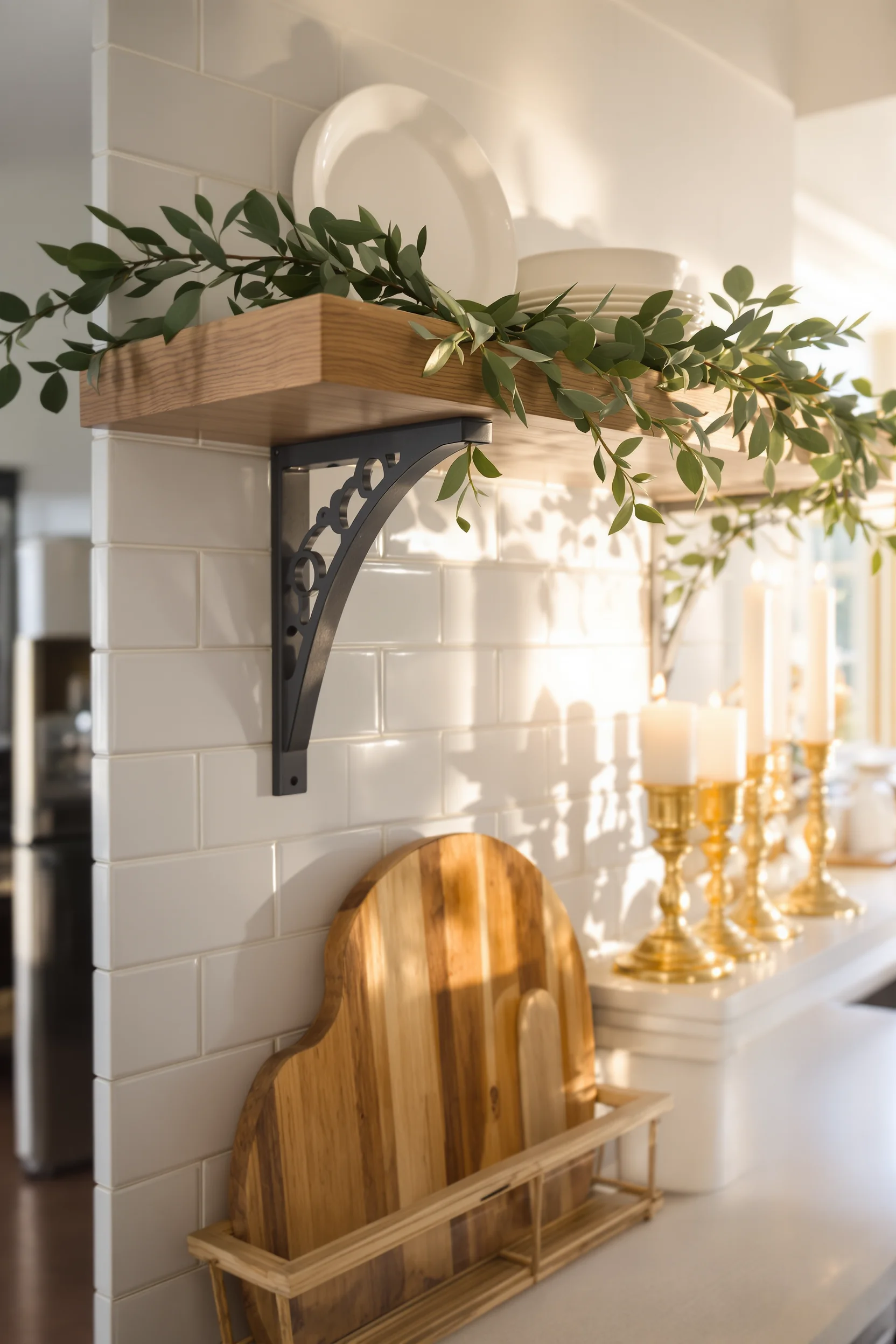 kitchen island christmas decor inspiration with matte black metal bracket and holiday greenery in golden sunlight