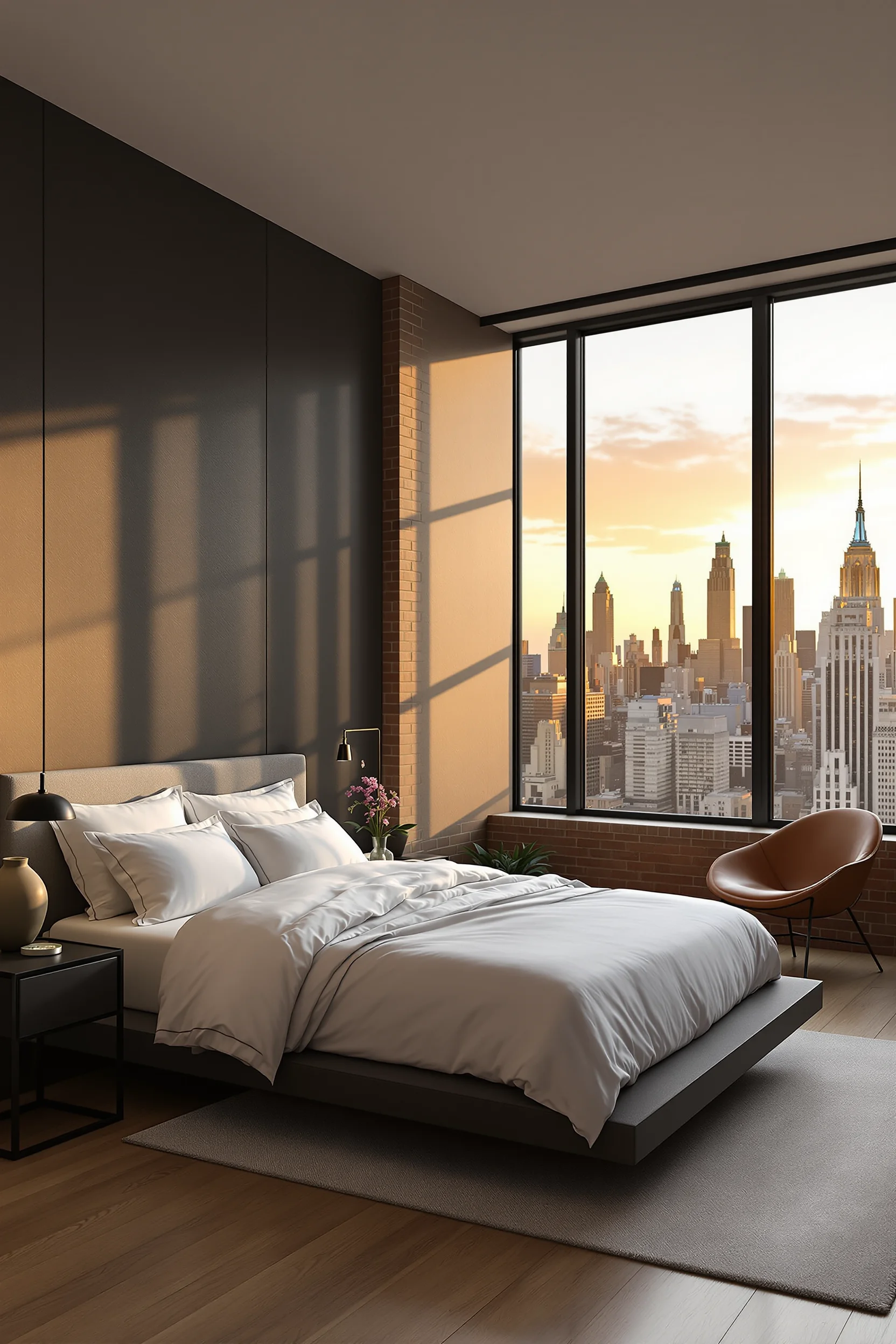 loft bedroom aesthetics highlighting concrete details with leather reading chair and sculptural ceramic lamp in modern city apartment