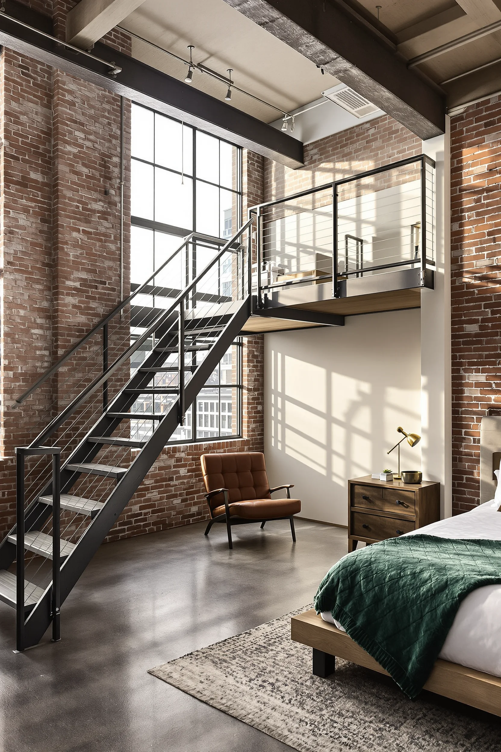 loft bedroom aesthetics with industrial window wall aged wood nightstand emerald velvet throw creating urban sanctuary atmosphere