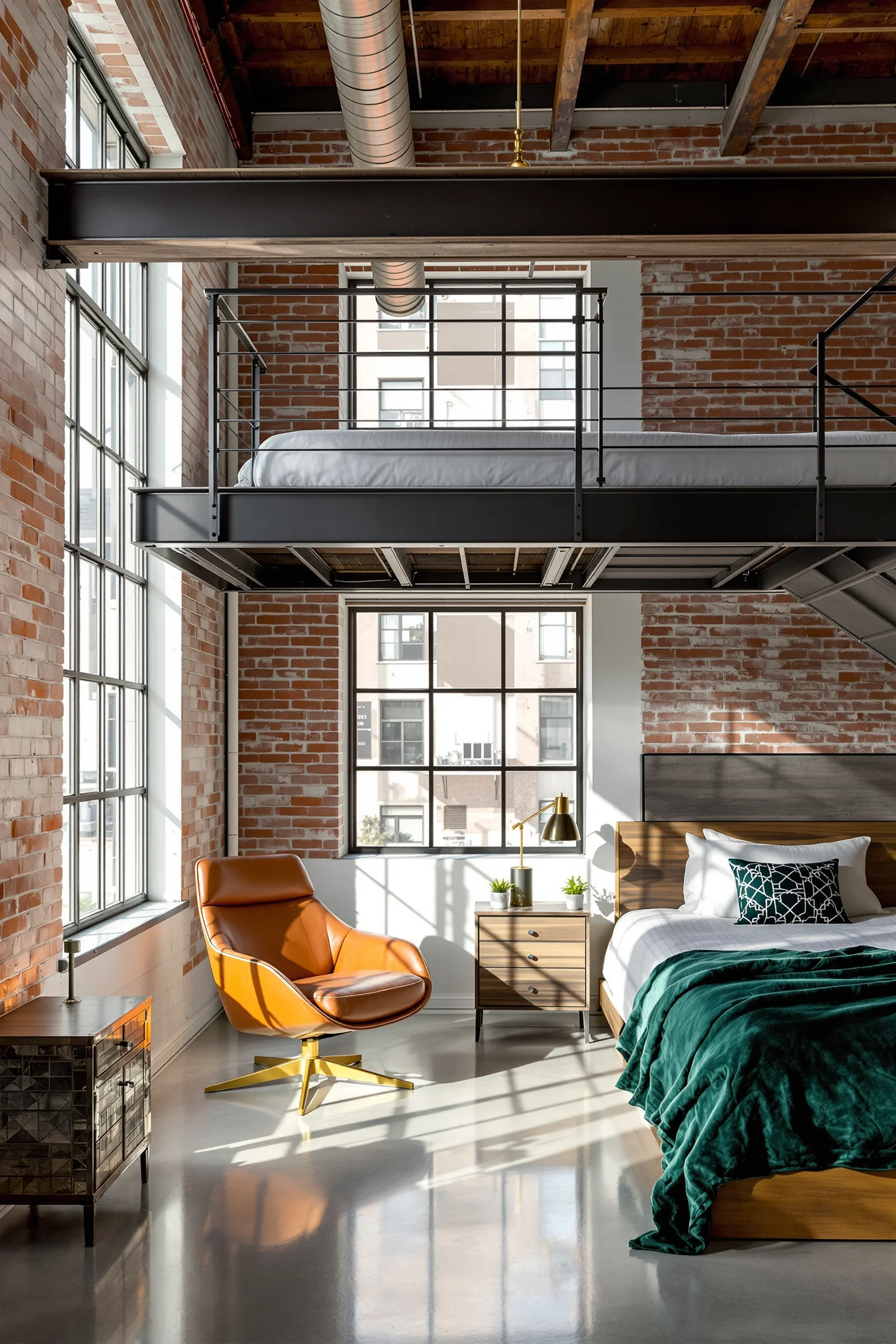 loft bedroom designs showcasing exposed brick wall polished concrete floors vintage leather chair near window with steel beams overhead