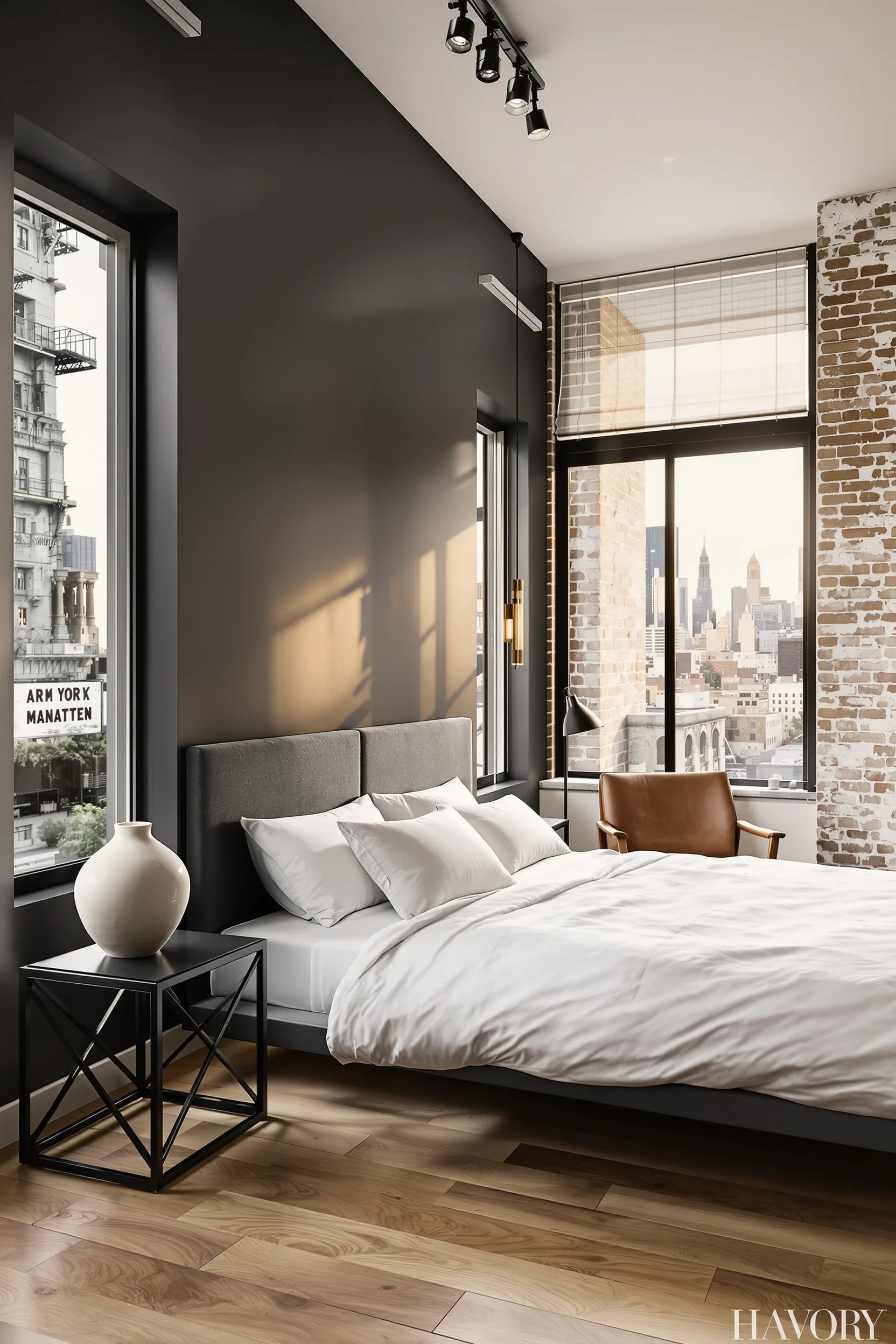 loft bedroom designs showcasing industrial elements with charcoal accent wall and natural oak flooring in manhattan style space