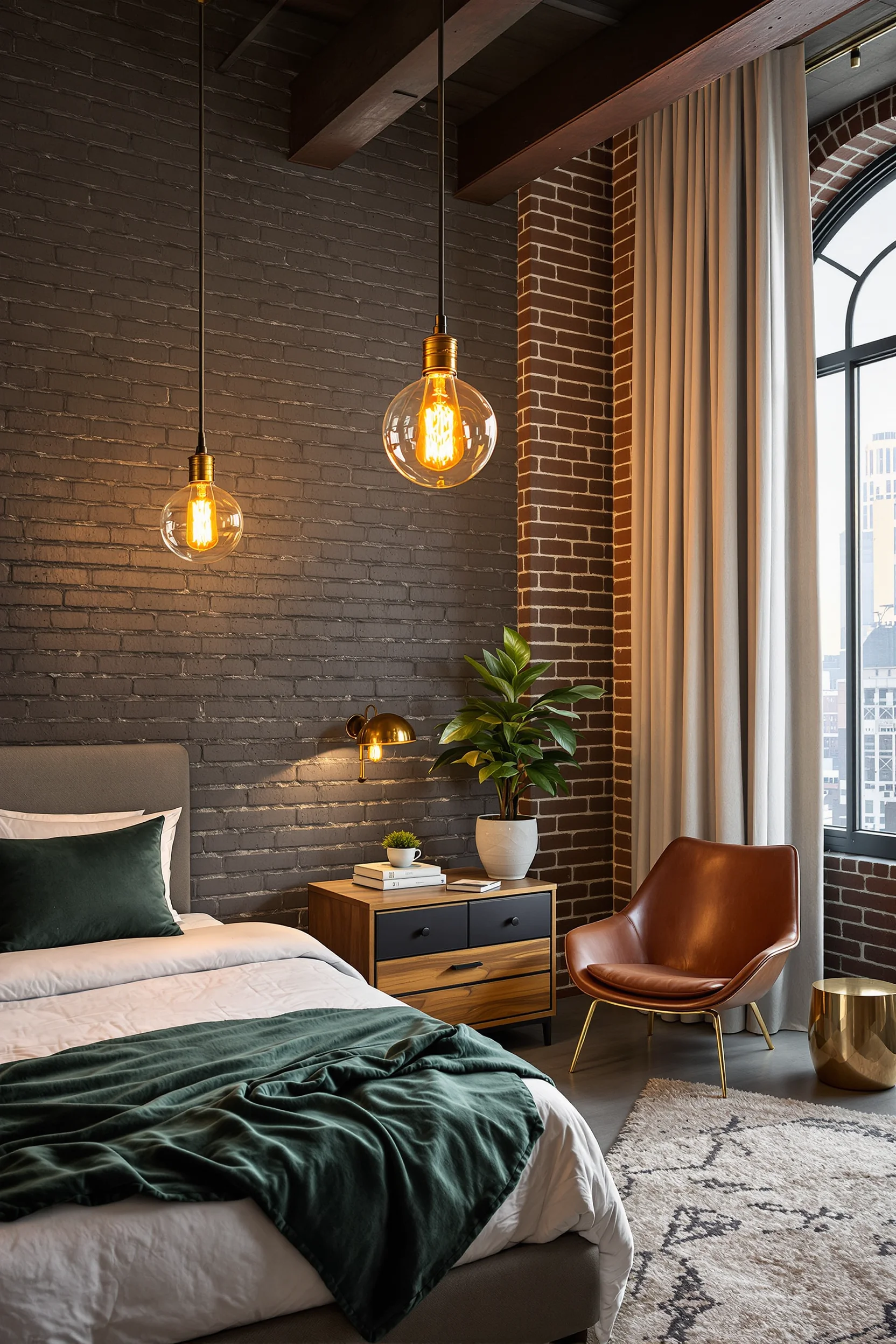 loft bedroom designs showing industrial metal beams reclaimed wood nightstand emerald velvet pillows and warm ambient lighting