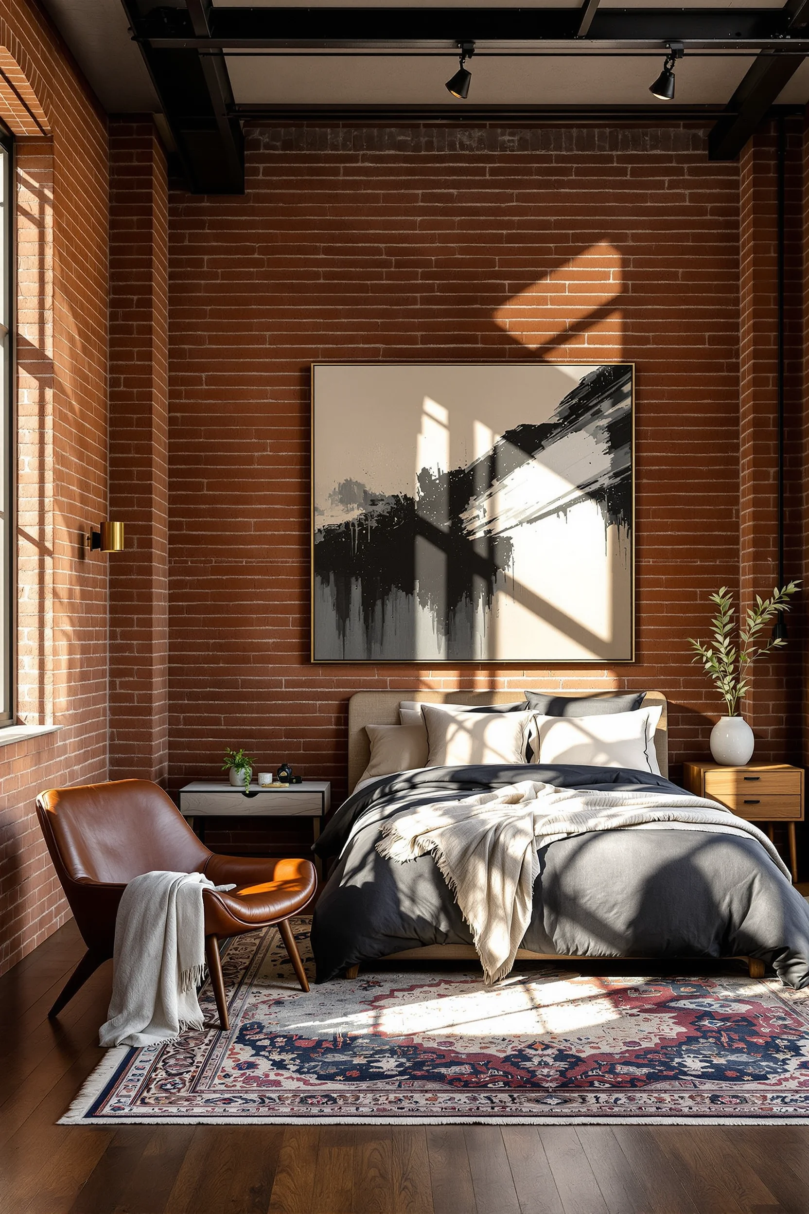loft bedroom designs showing weathered brick texture contrasting with brushed brass sconce and abstract canvas art