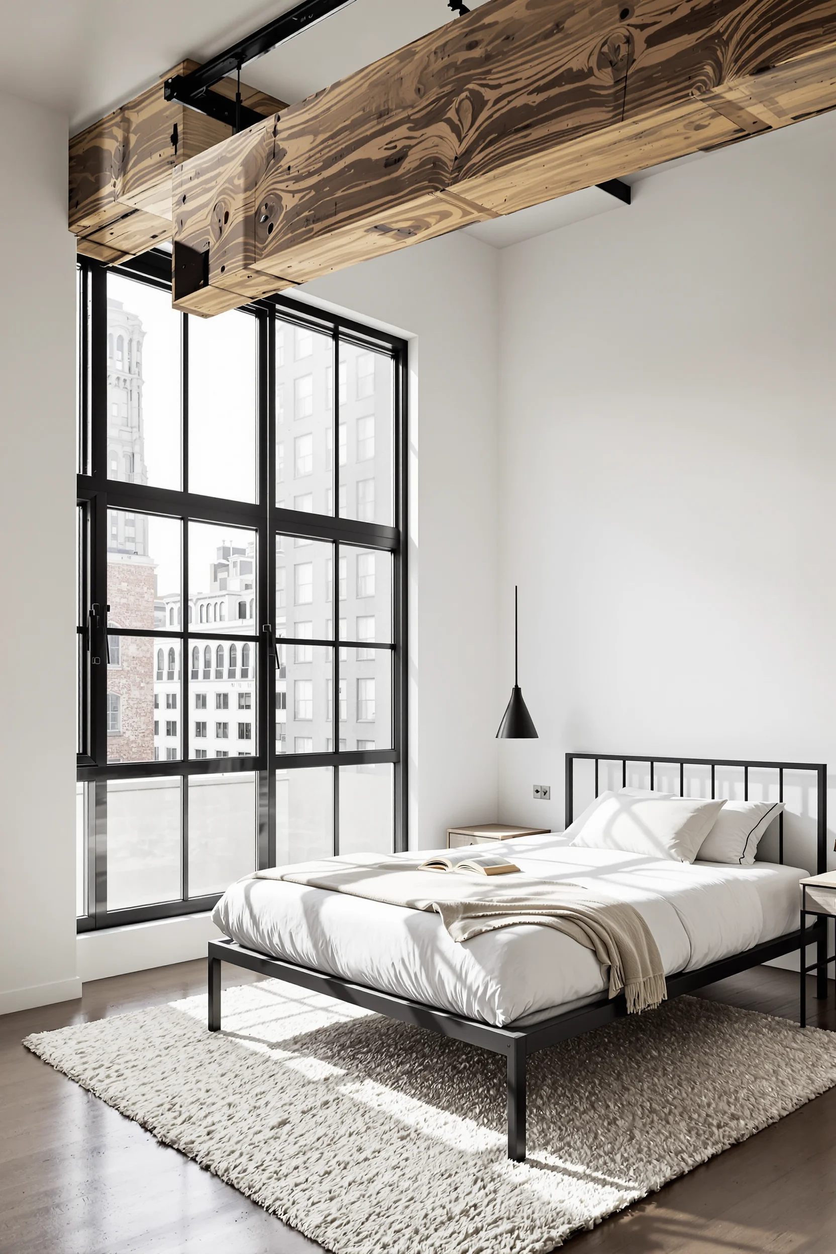 loft bedroom designs with reclaimed timber beam concrete floors minimal black bed frame and golden hour lighting