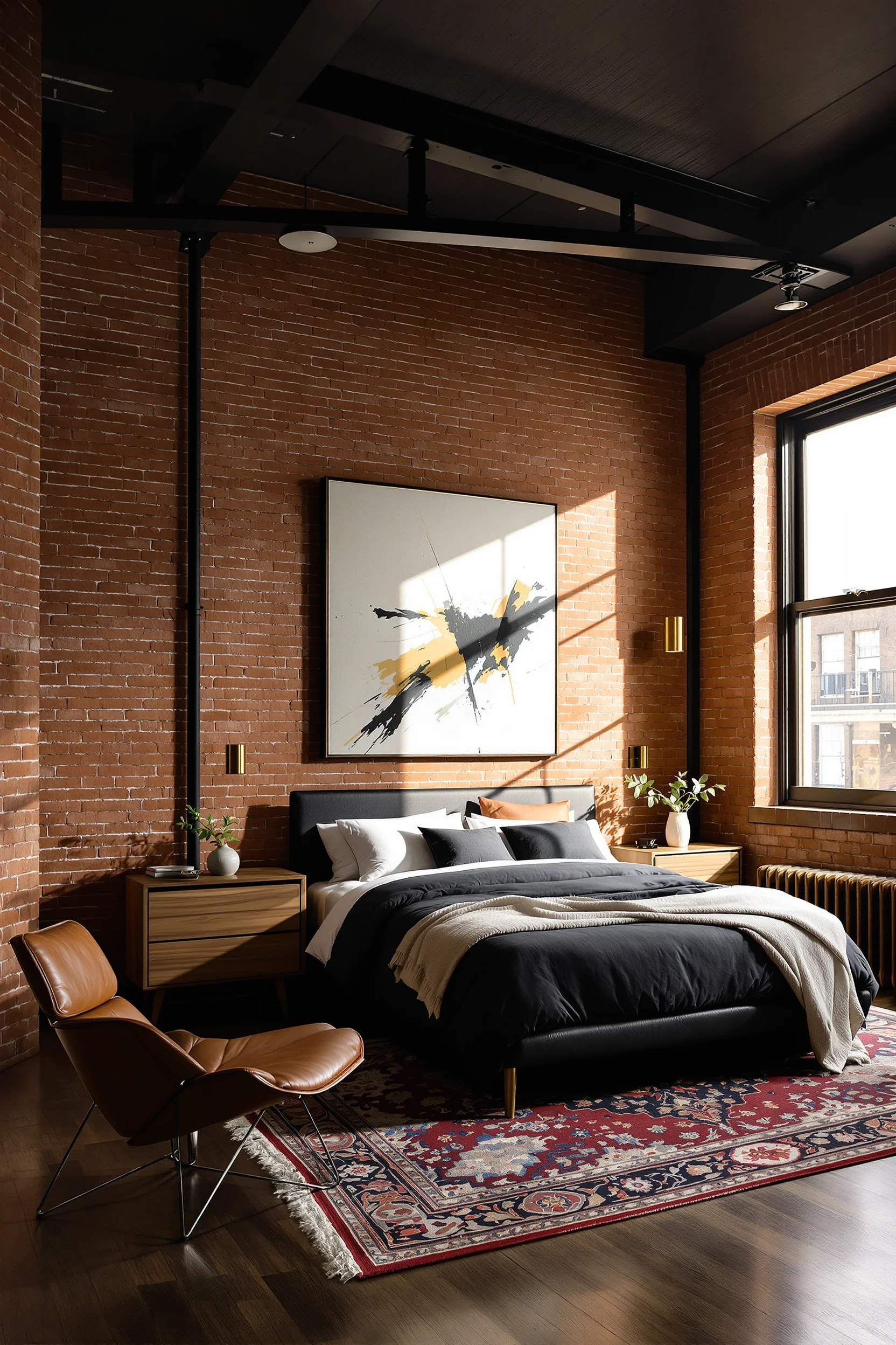 loft bedroom ideas featuring exposed brick wall with charcoal gray bedding and golden hour sunlight through industrial windows