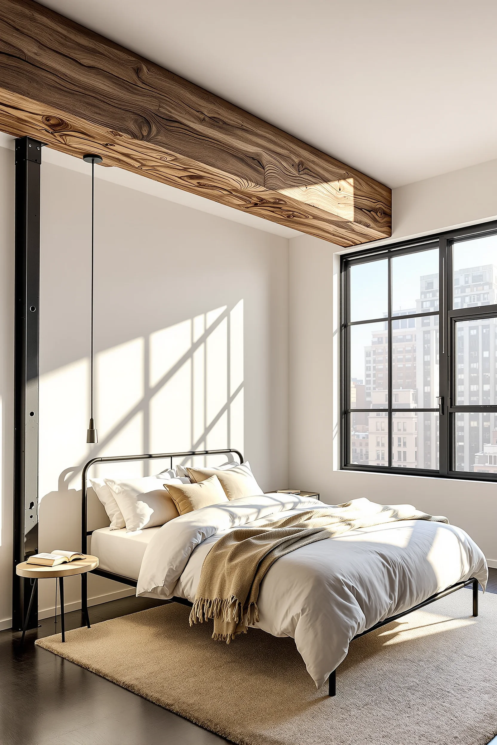loft bedroom ideas featuring exposed wood beam ceiling industrial black windows white linen bedding and natural sunlight