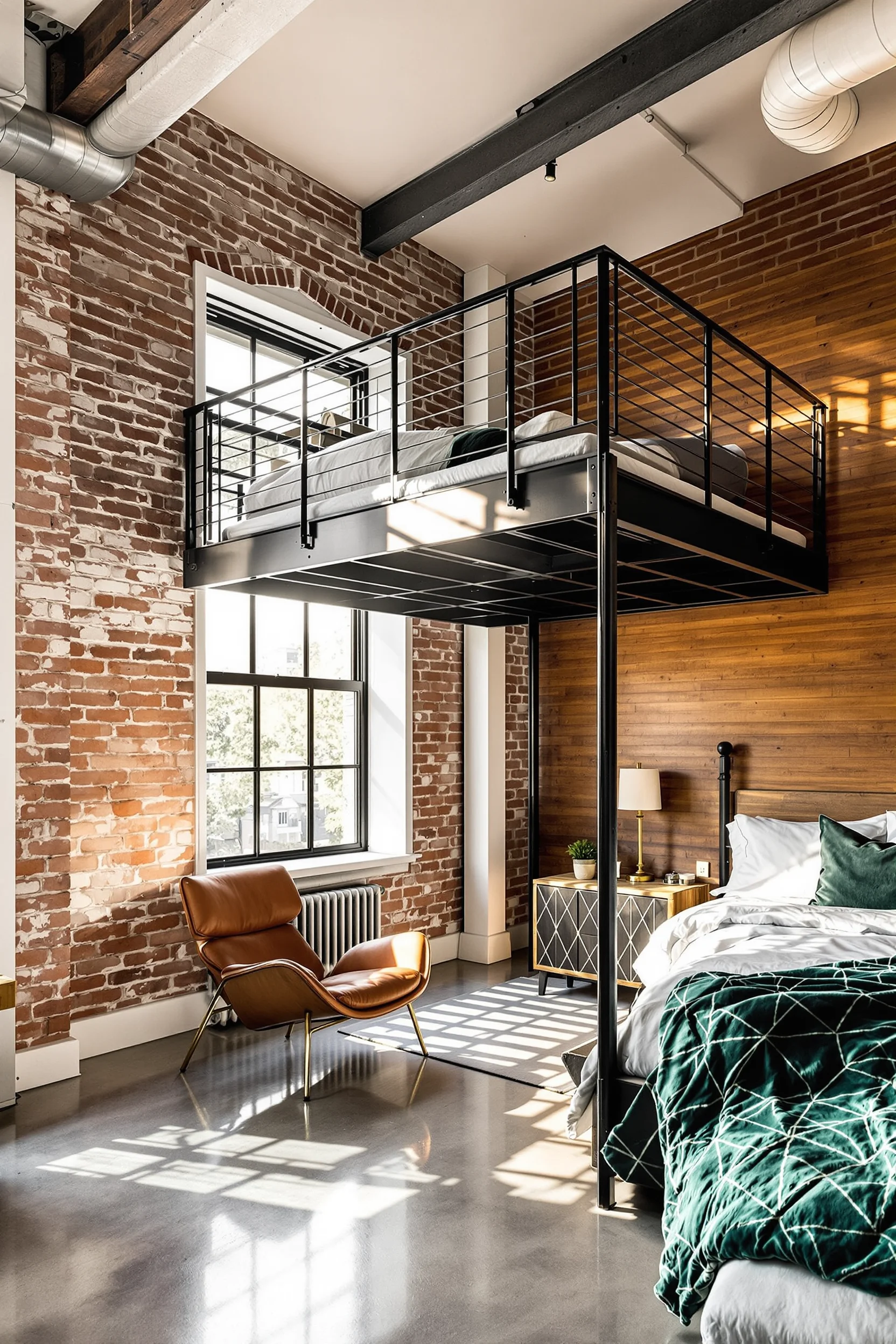 loft bedroom inspiration displaying floating metal staircase whitewashed ductwork reclaimed wood headboard with geometric black railing