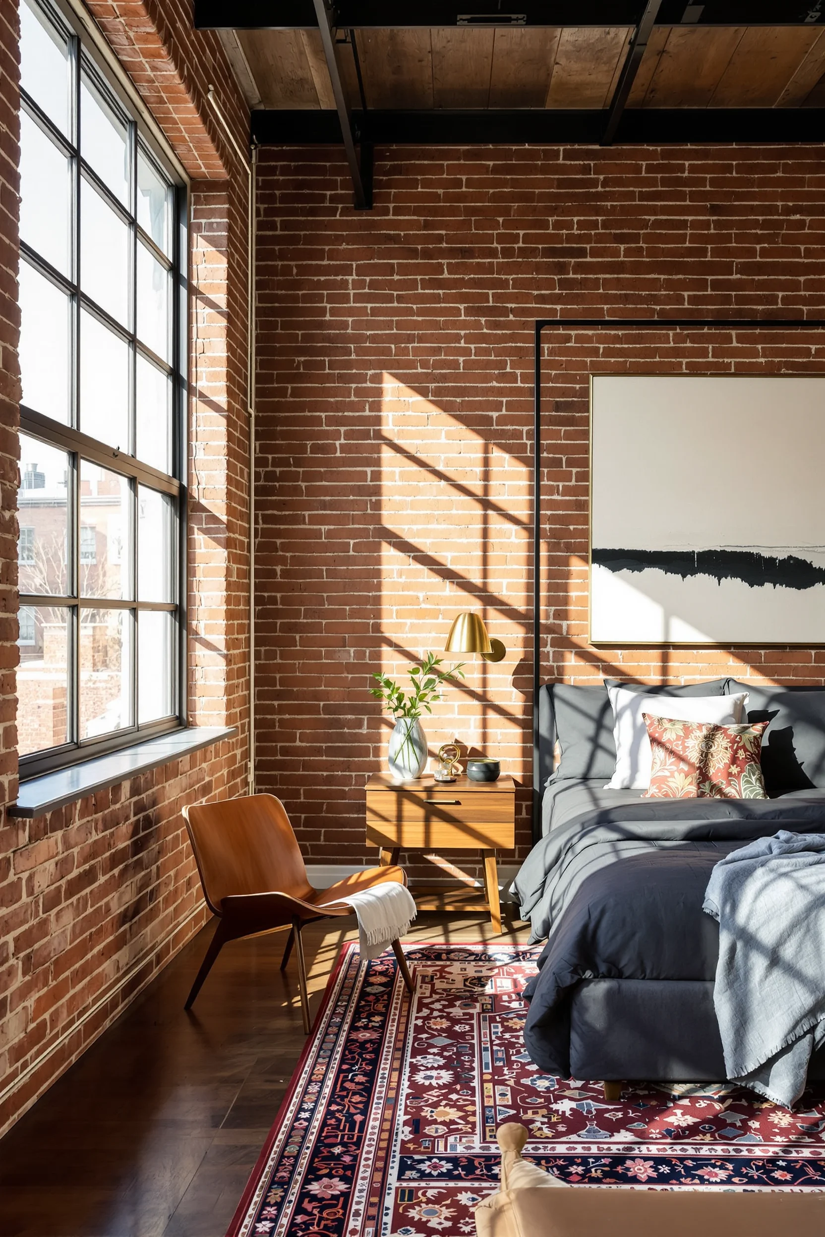 loft bedroom inspiration displaying vintage persian rug with live edge walnut nightstand and leather reading chair