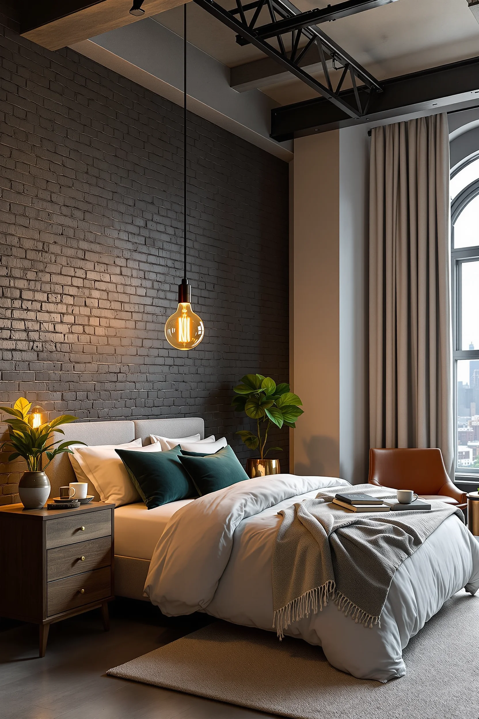 loft bedroom inspiration with arched window revealing manhattan skyline concrete floors plush wool rug and cognac leather chair