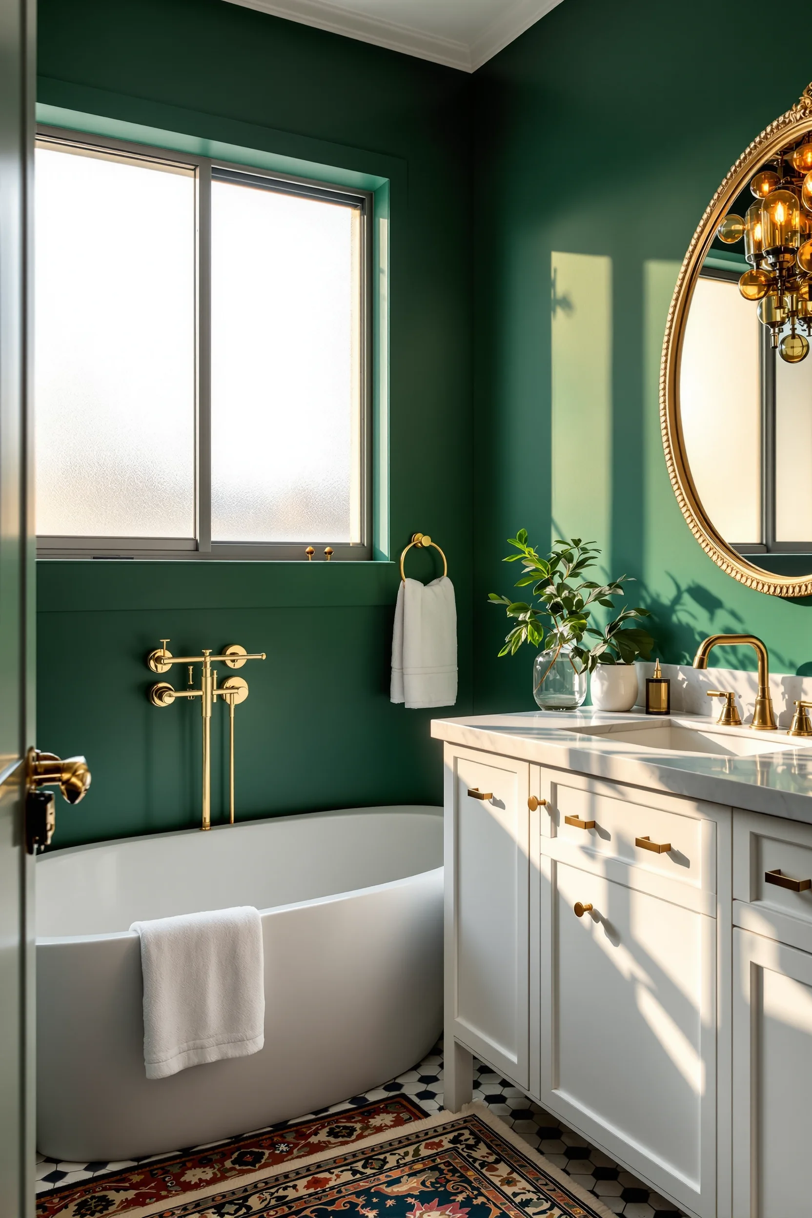 maximalist bathroom aesthetics displaying rich emerald walls golden hour lighting vintage rug polished fixtures candlelight ambiance