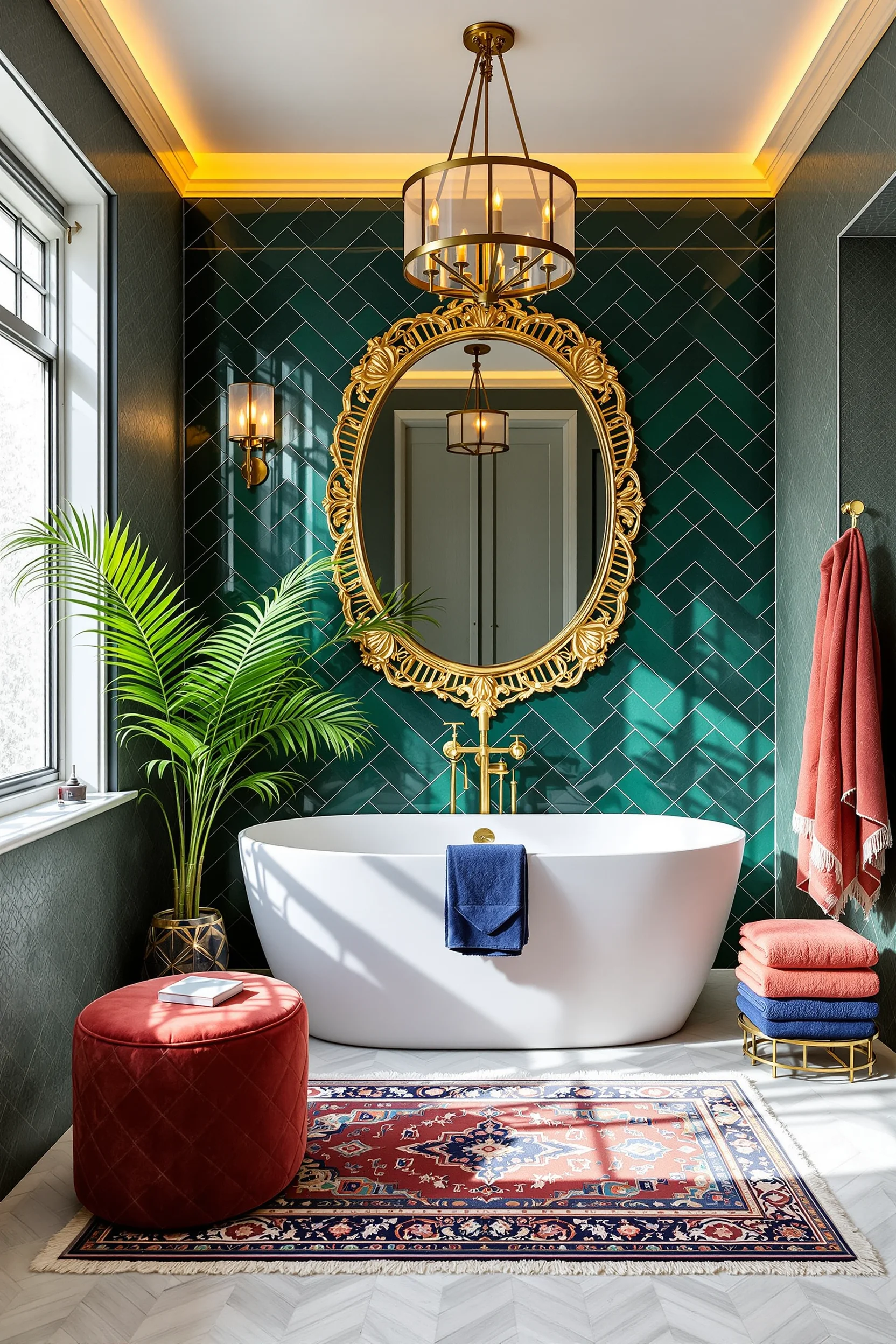 maximalist bathroom aesthetics displaying statement soaking tub metallic accents floor to ceiling ornate mirror and colorful textile layers