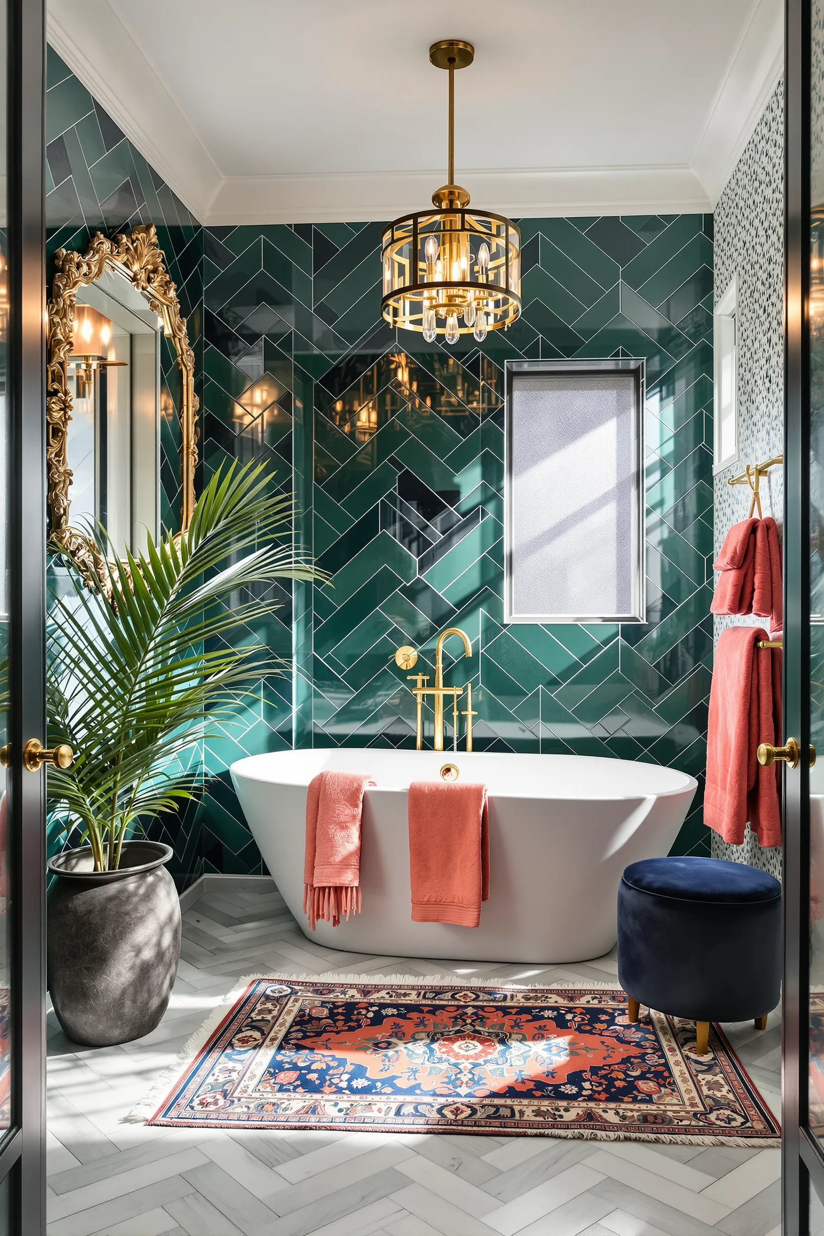 maximalist bathroom designs with bold navy and green tiles brass chandelier velvet stool and layered persian rug on marble